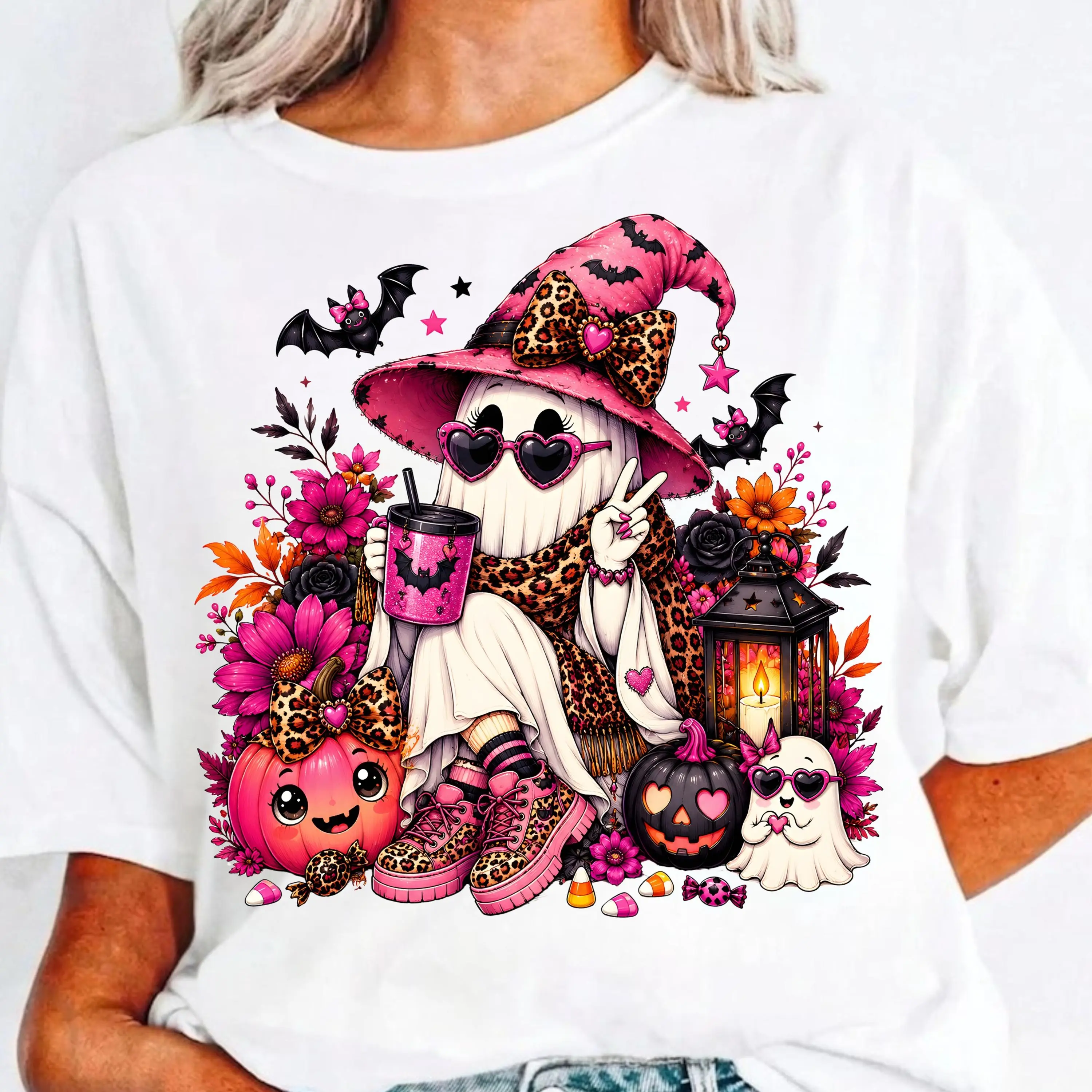 Pink Witch Spooky Fall Coffee Ghost Comfort Colors Shirt, Cute Halloween Coquette Season Graphic Tee - photo 3