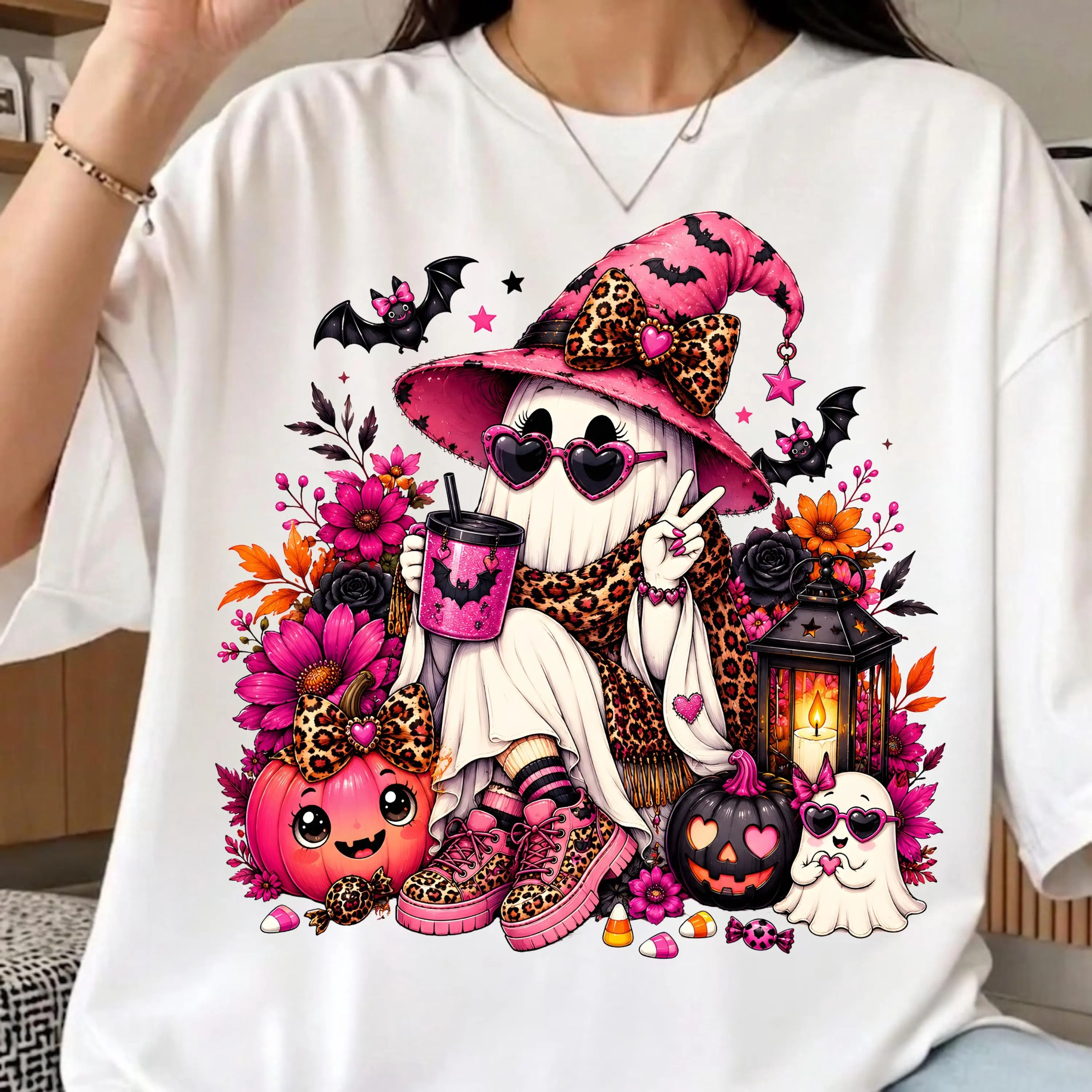 Pink Witch Spooky Fall Coffee Ghost Comfort Colors Shirt, Cute Halloween Coquette Season Graphic Tee - photo 4
