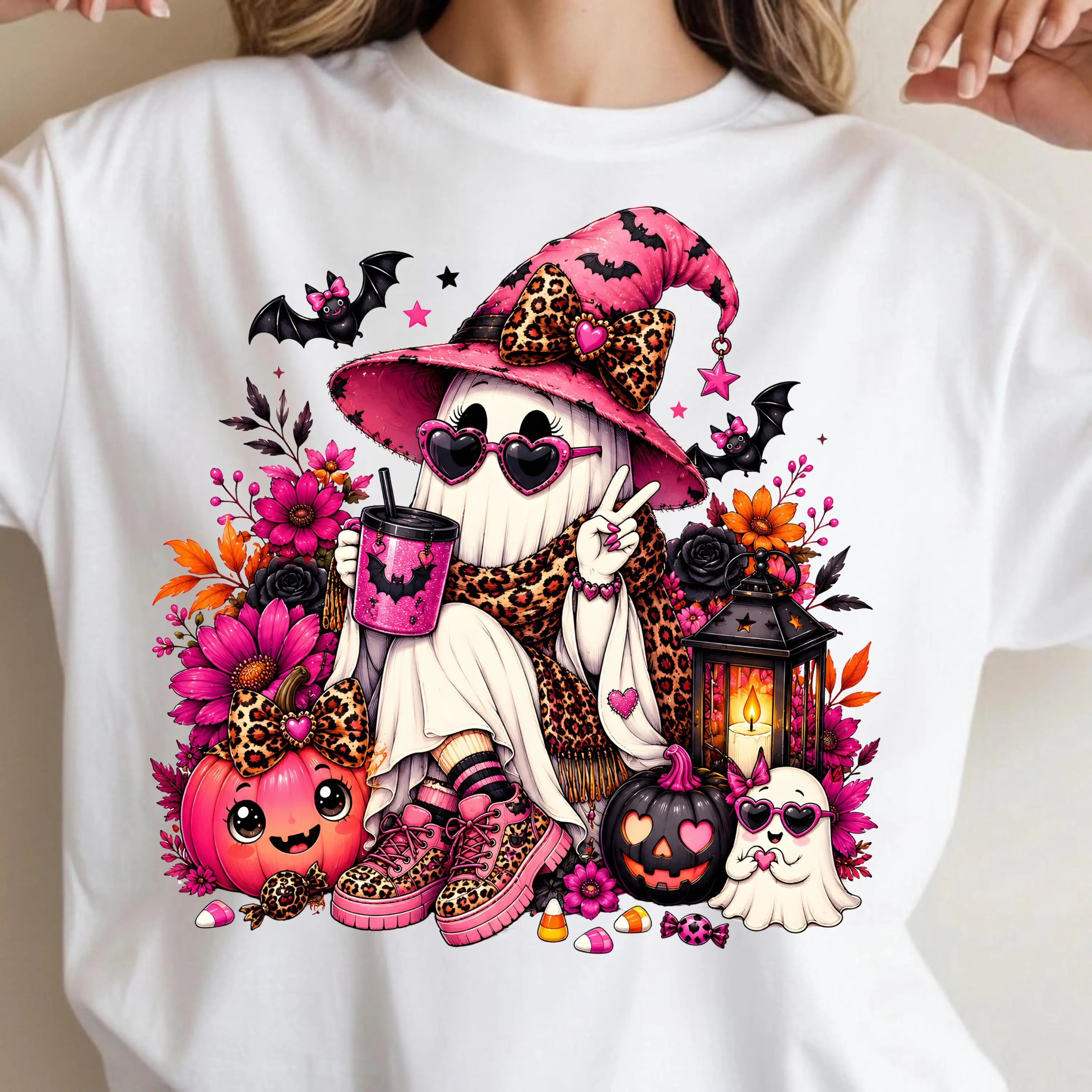 Pink Witch Spooky Fall Coffee Ghost Comfort Colors Shirt, Cute Halloween Coquette Season Graphic Tee - photo 5