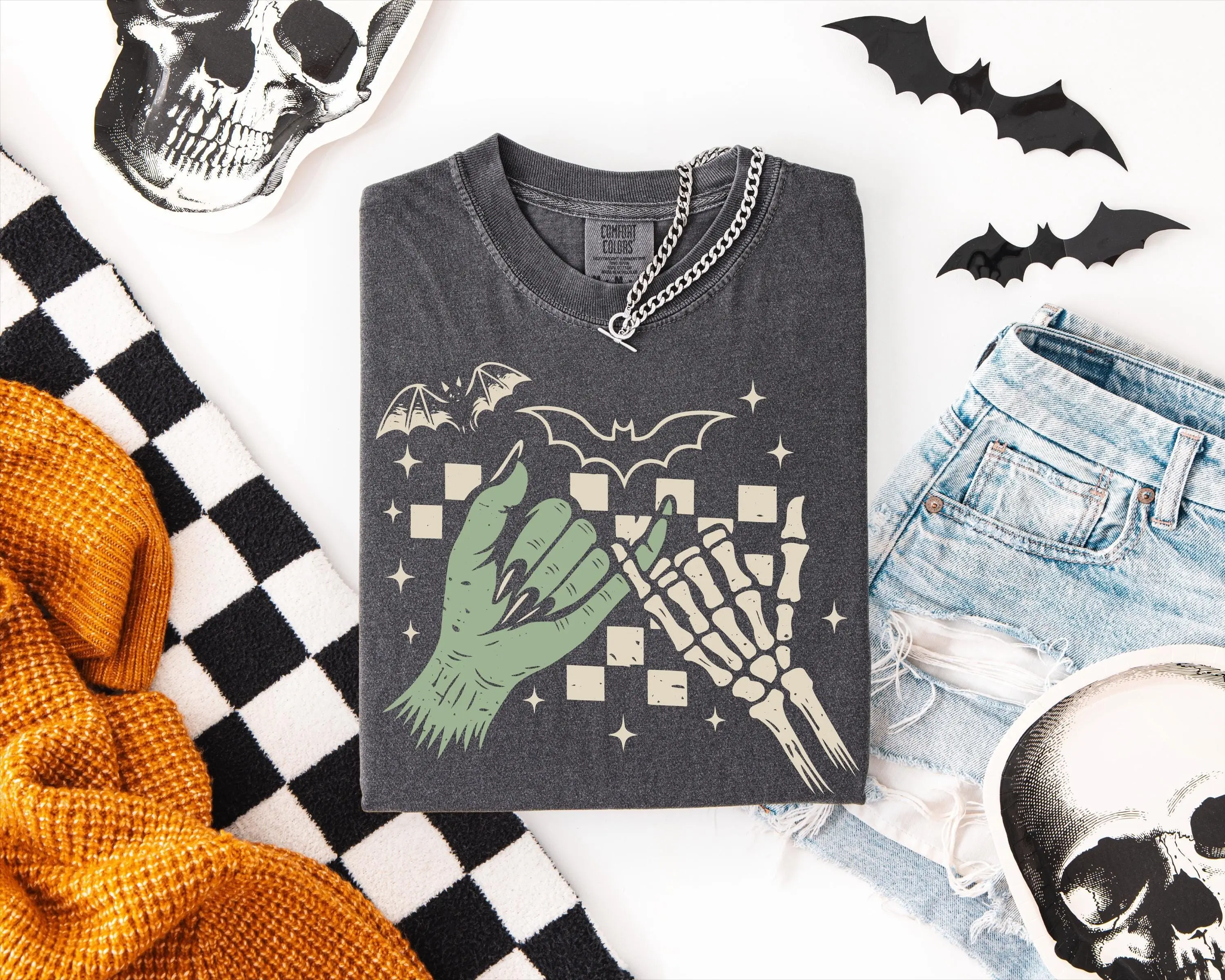 Pinky Promise Halloween Sweatshirt, Comfort Colors Witch Monster Skeleton Graphic, Cute Vintage Fall Party Crewneck - photo 2