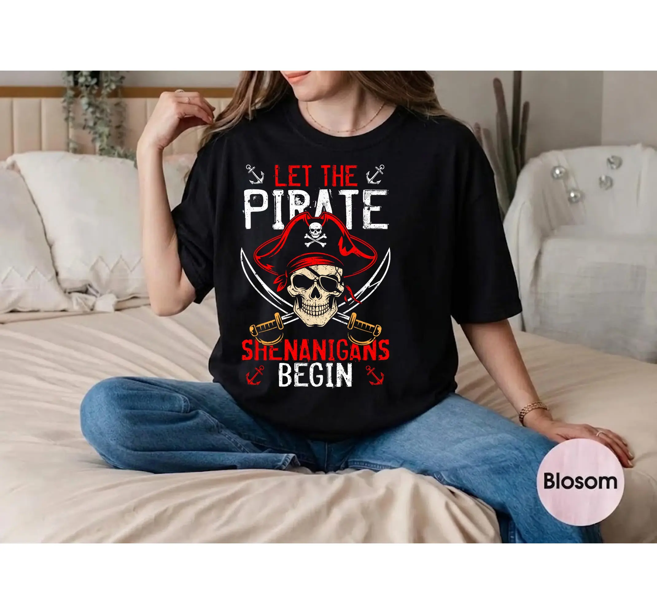 Pirate Skull Graphic Tee, Funny Skeleton Crossbones Shenanigans Retro Humor T-Shirt