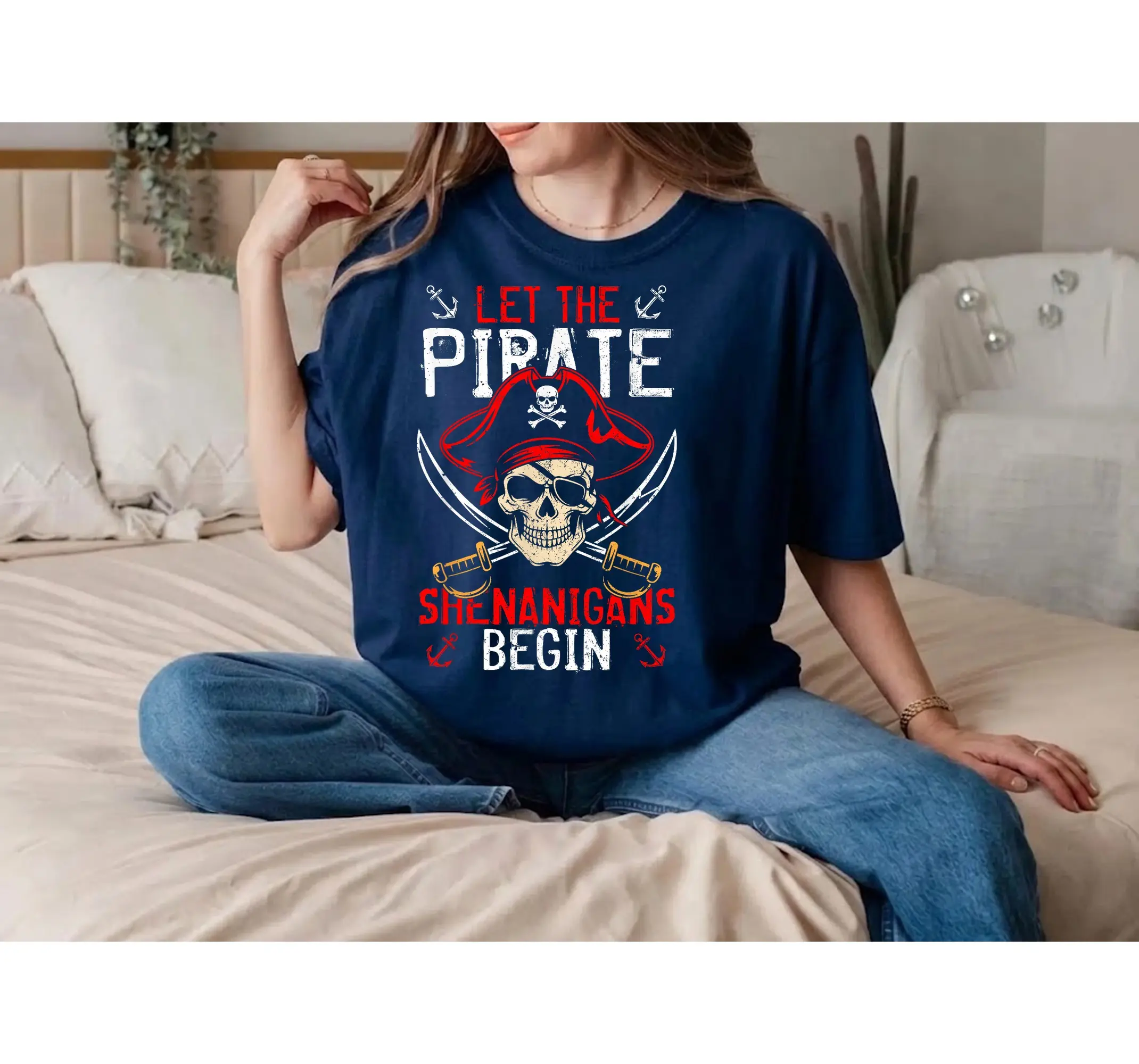 Pirate Skull Graphic Tee, Funny Skeleton Crossbones Shenanigans Retro Humor T-Shirt - photo 3