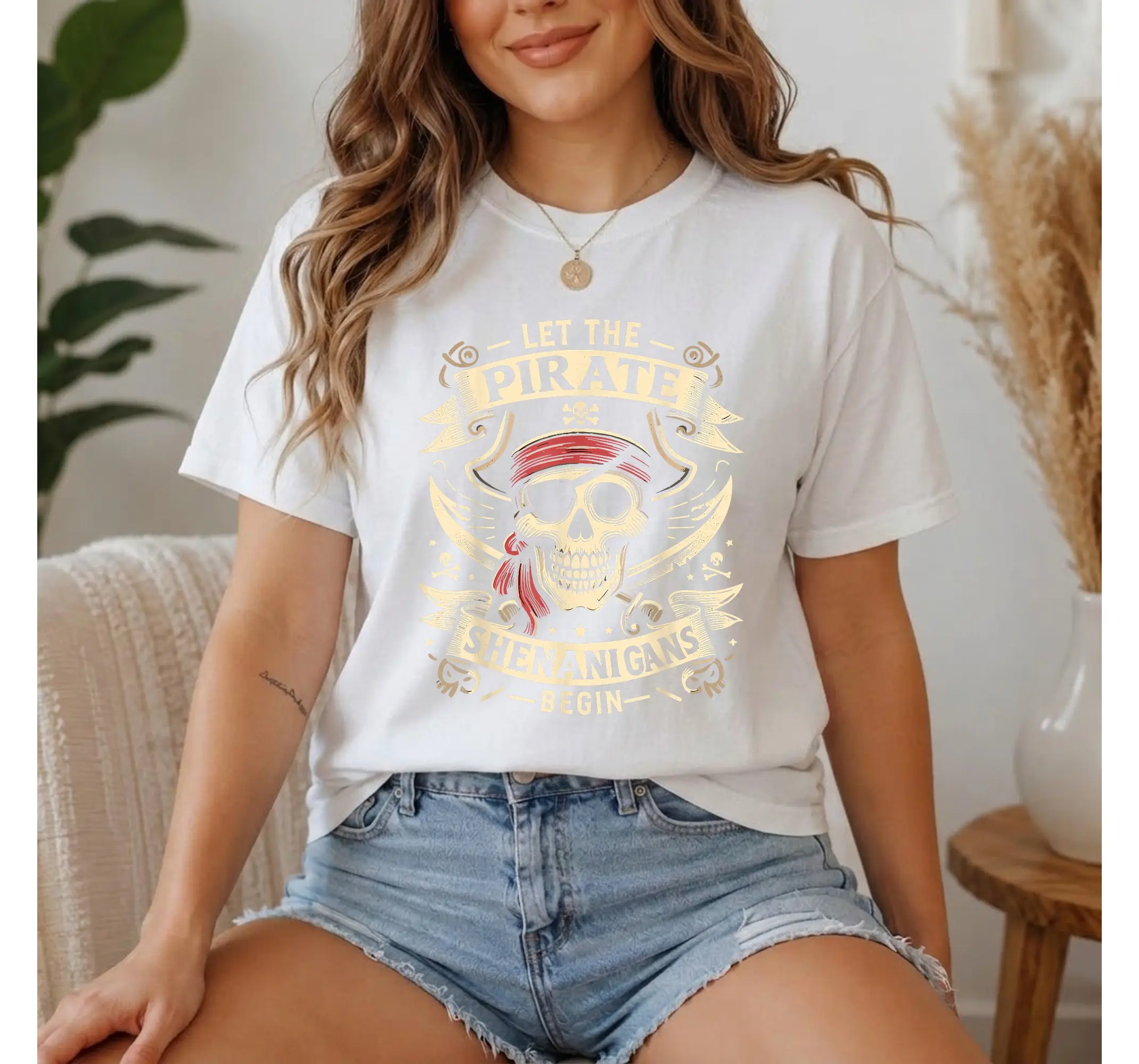 Pirate Skull Graphic Tee, Spooky Halloween Shenanigans T-Shirt for Men and Women