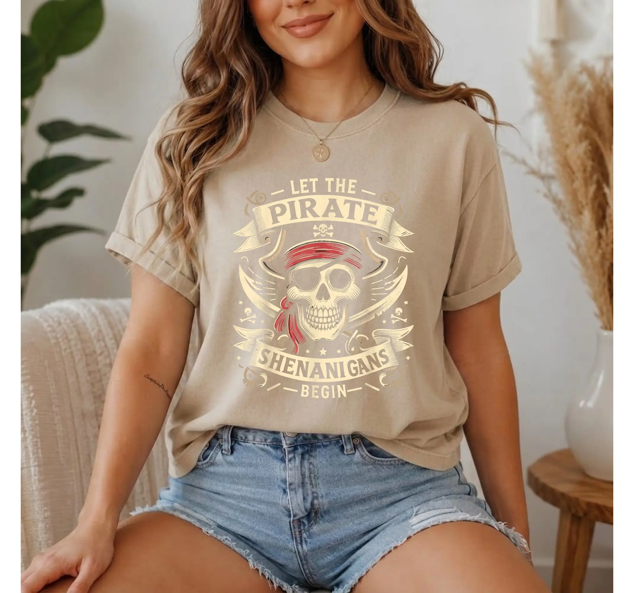 Pirate Skull Graphic Tee, Spooky Halloween Shenanigans T-Shirt for Men and Women - photo 2