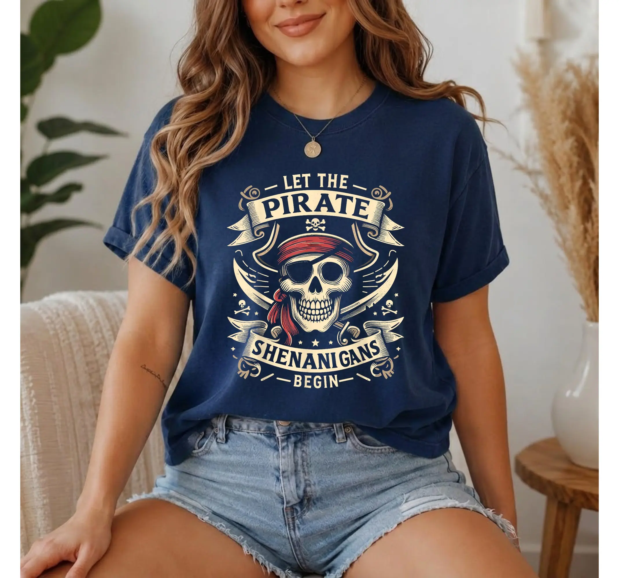 Pirate Skull Graphic Tee, Spooky Halloween Shenanigans T-Shirt for Men and Women - photo 3