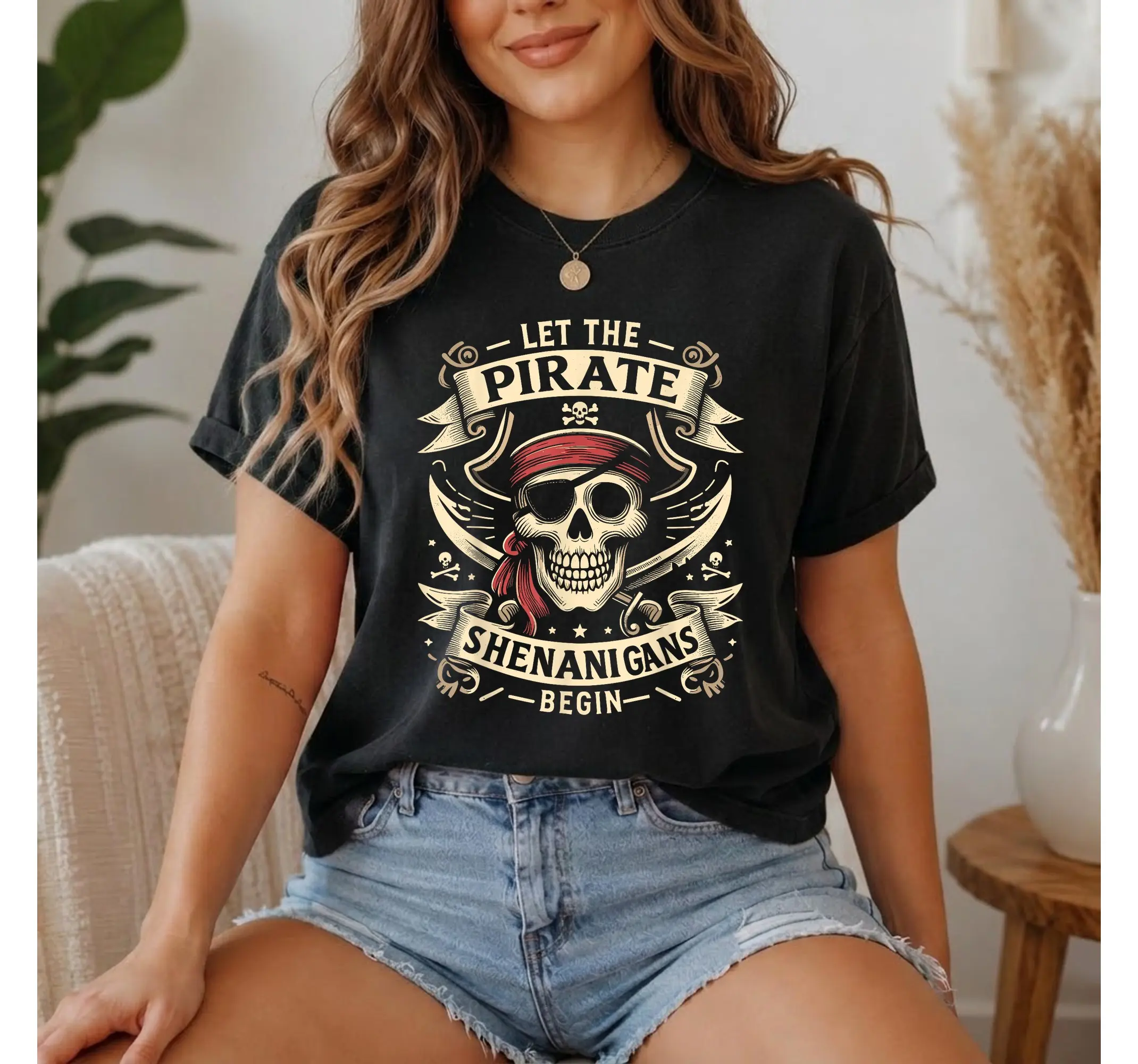 Pirate Skull Graphic Tee, Spooky Halloween Shenanigans T-Shirt for Men and Women - photo 4