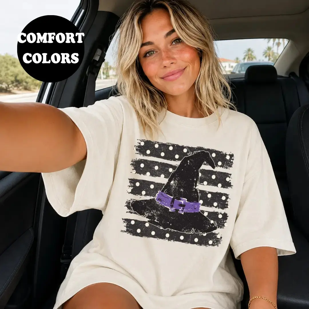 Comfort Colors Polka Dot Witch Hat Shirt, Trendy Oversized Spooky Season Halloween Fall Tee for Women