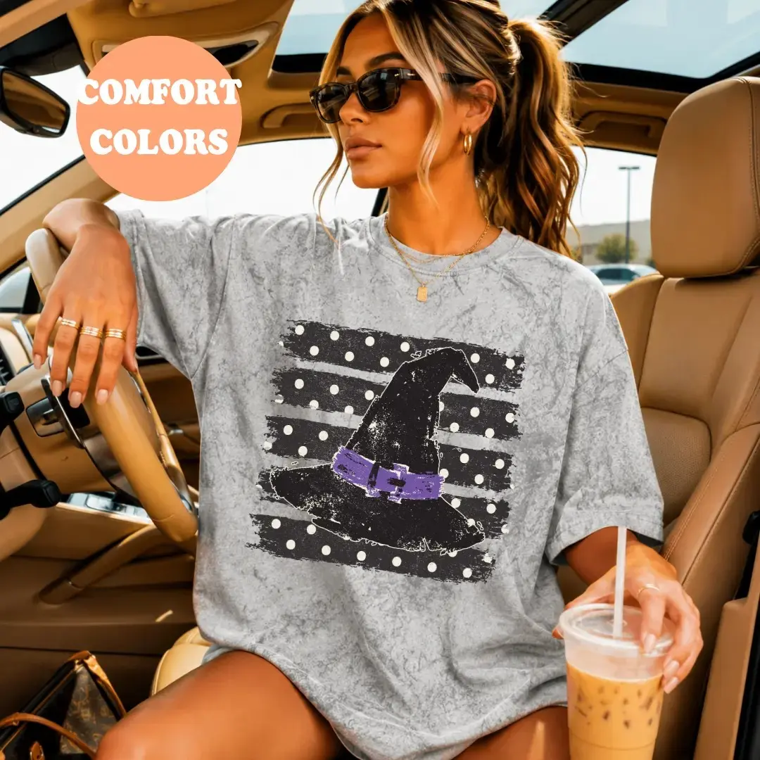 Comfort Colors Polka Dot Witch Hat Shirt, Trendy Oversized Spooky Season Halloween Fall Tee for Women - photo 3