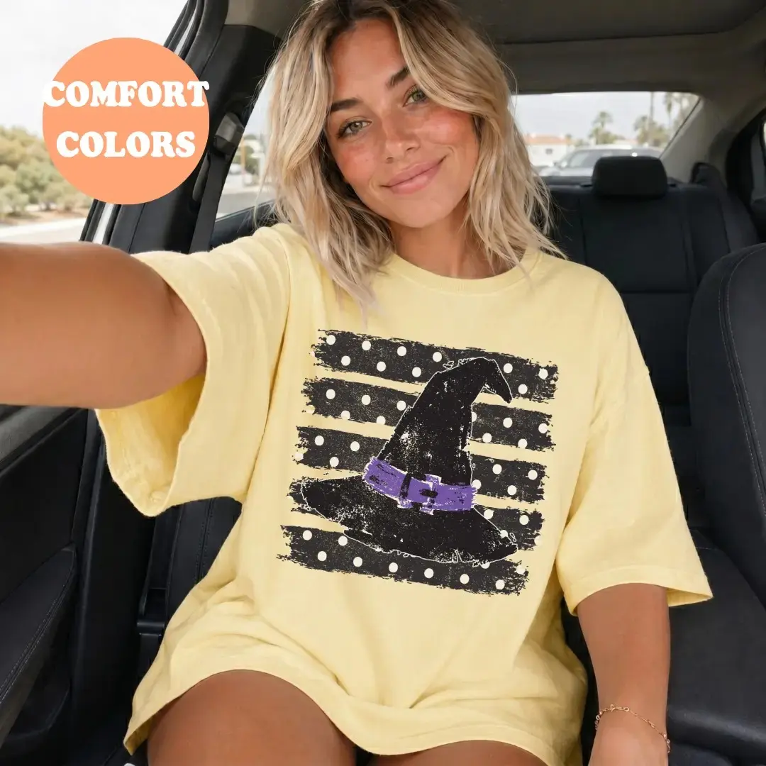 Comfort Colors Polka Dot Witch Hat Shirt, Trendy Oversized Spooky Season Halloween Fall Tee for Women - photo 4