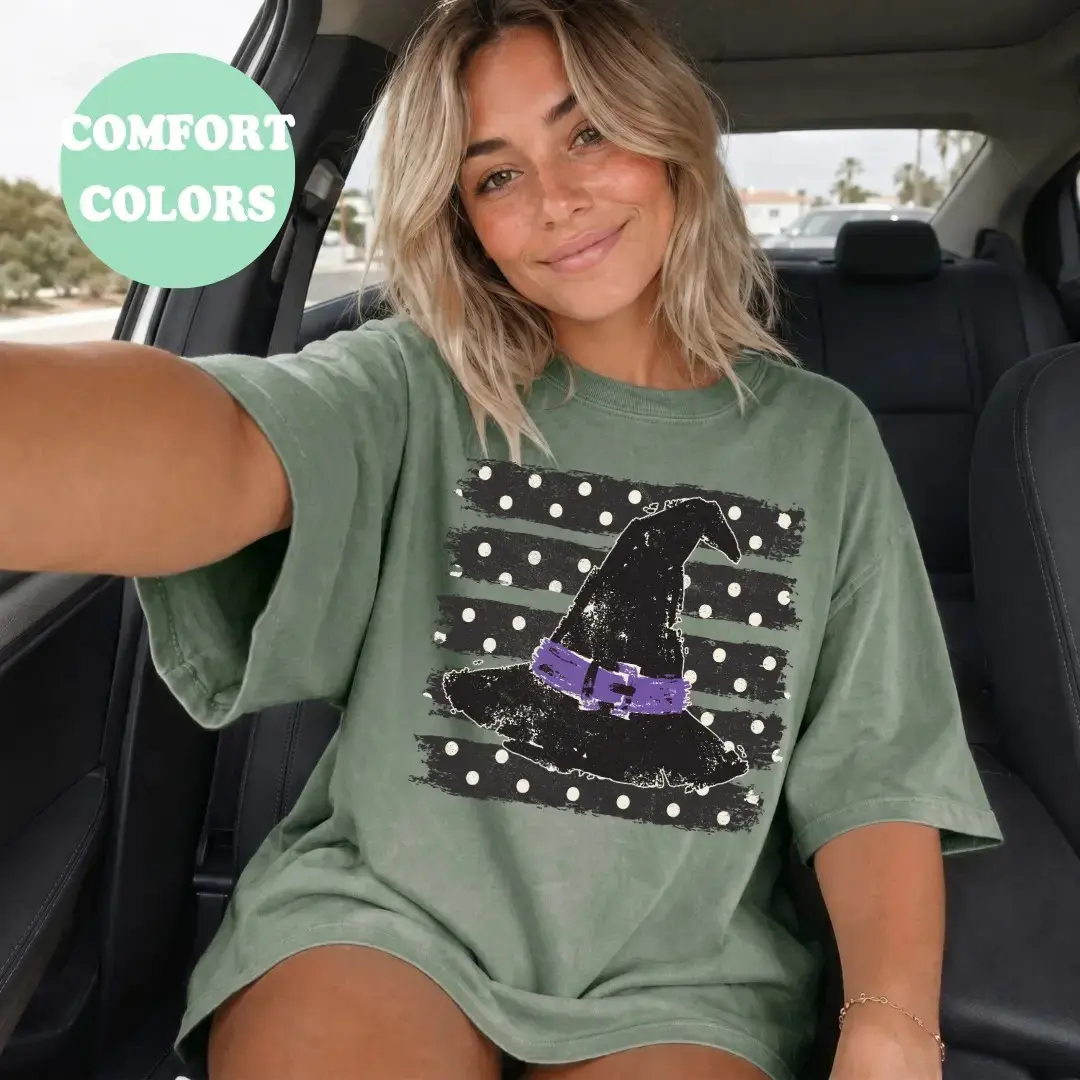 Comfort Colors Polka Dot Witch Hat Shirt, Trendy Oversized Spooky Season Halloween Fall Tee for Women - photo 5