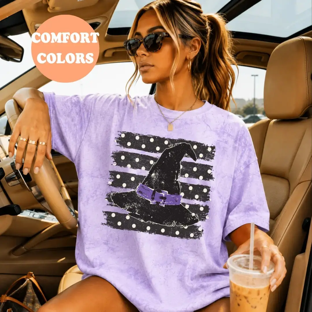 Comfort Colors Polka Dot Witch Hat Shirt, Cute Trendy Oversized Halloween Spooky Season Fall Graphic Tee
