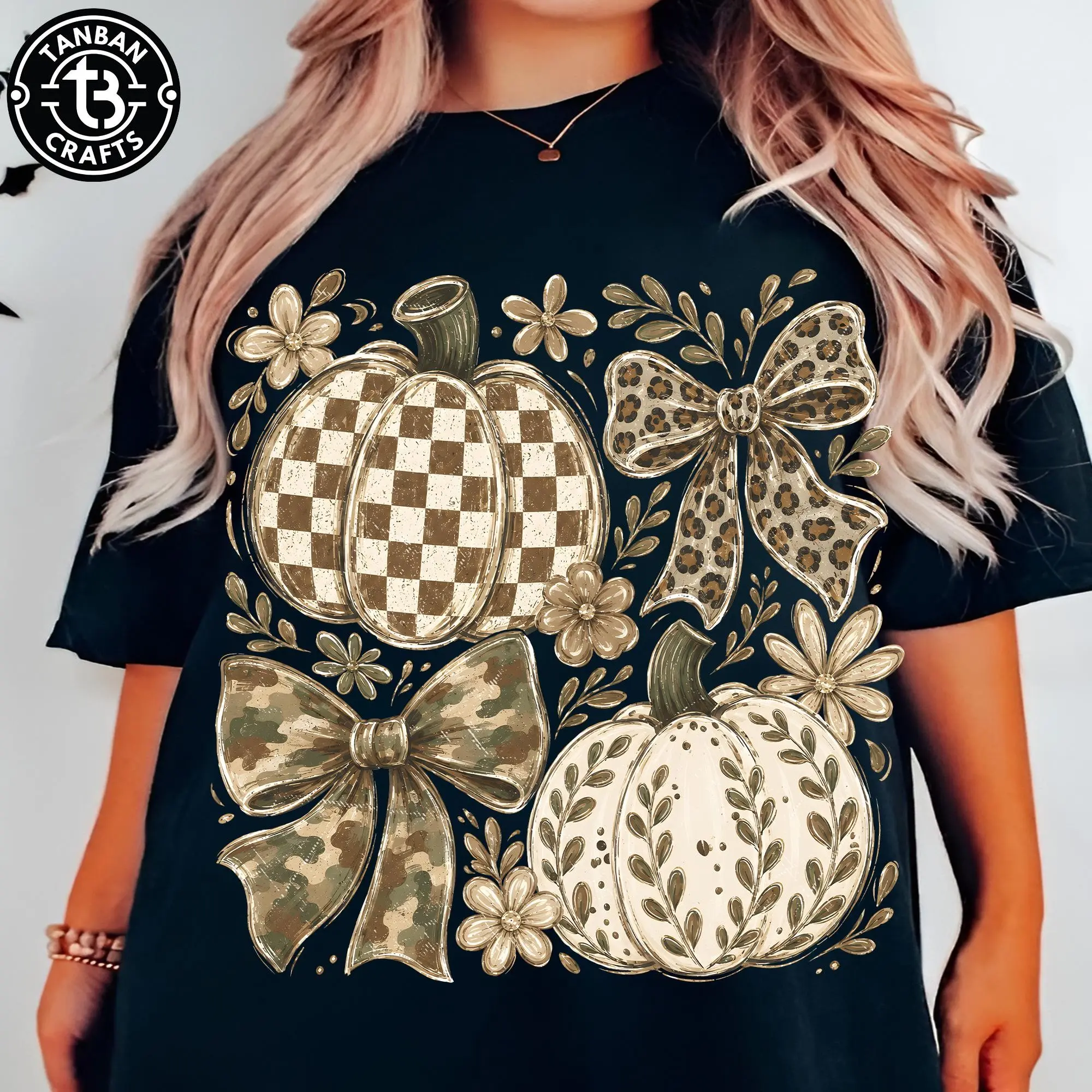 Comfort Colors Preppy Coquette Camo Pumpkin T-Shirt, Grandmillennial Fall Bow Trendy Autumn Graphic Tee