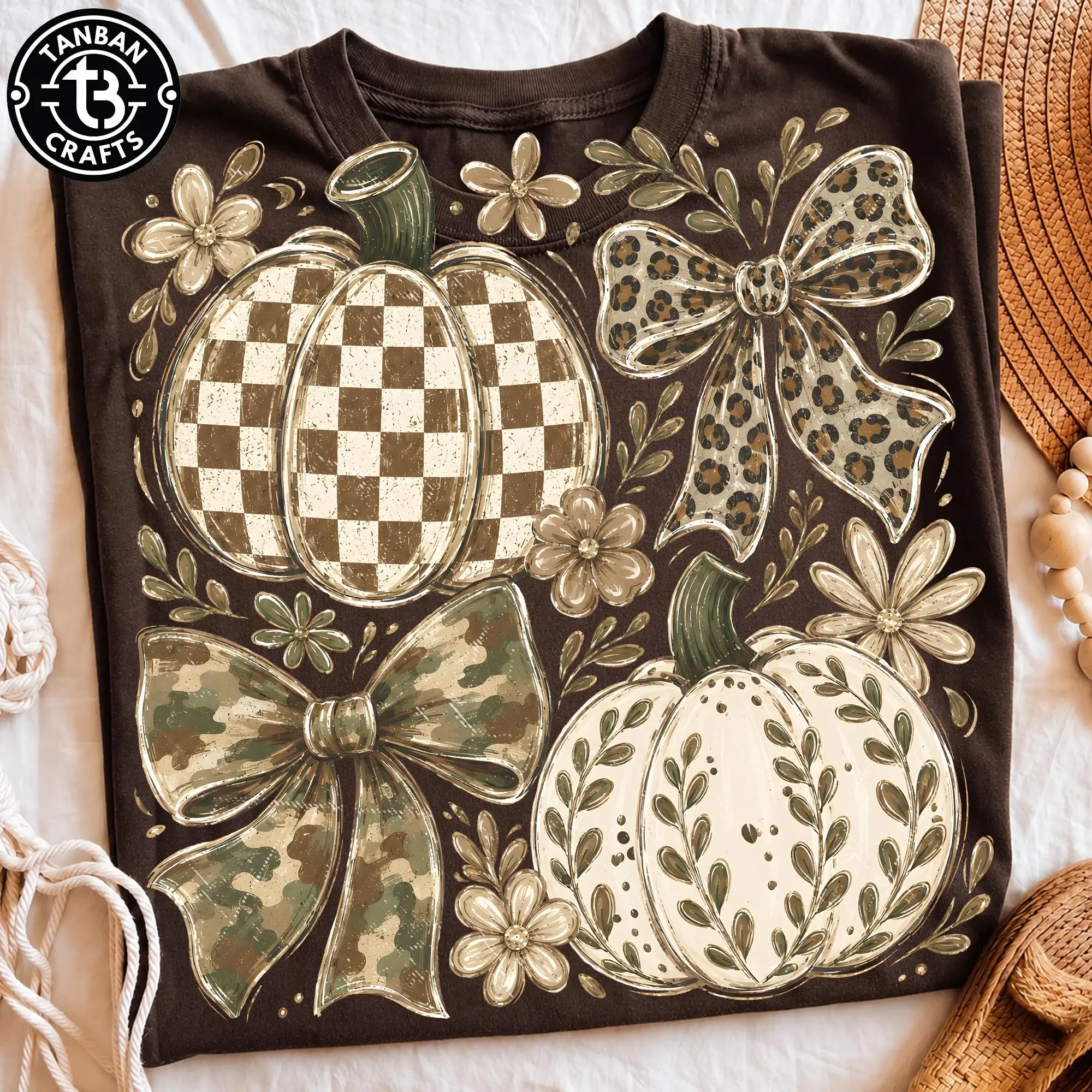 Comfort Colors Preppy Coquette Camo Pumpkin T-Shirt, Grandmillennial Fall Bow Trendy Autumn Graphic Tee - photo 3