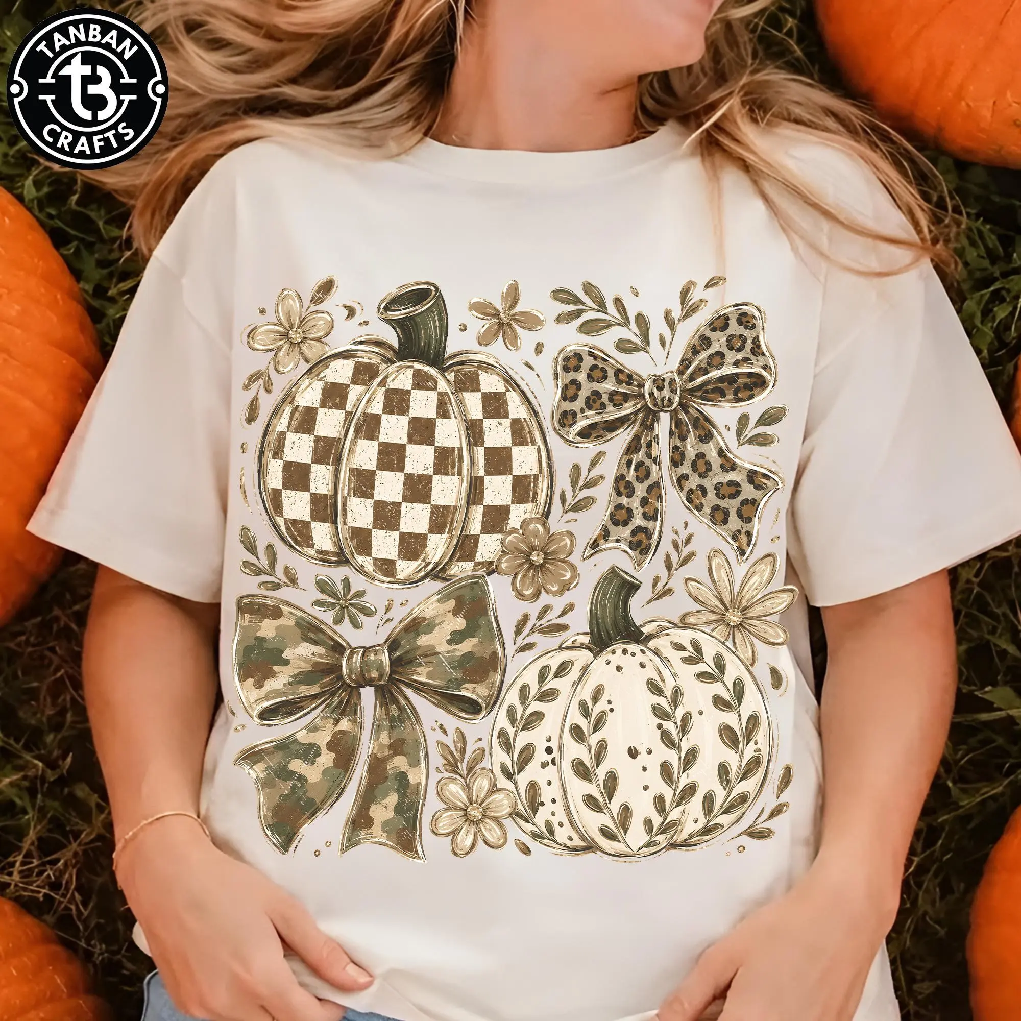 Comfort Colors Preppy Coquette Camo Pumpkin T-Shirt, Grandmillennial Fall Bow Trendy Autumn Graphic Tee - photo 5