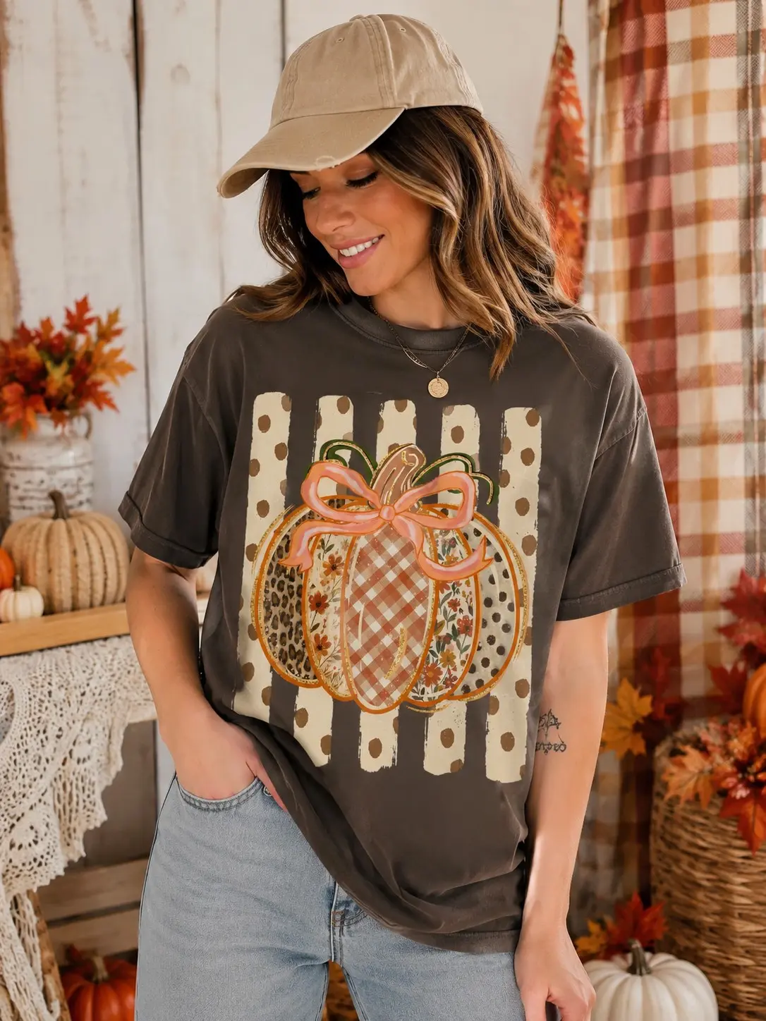 Comfort Colors Preppy Fall Pumpkin T-Shirt, Coquette Floral Autumn Striped Gingham Thanksgiving Tee