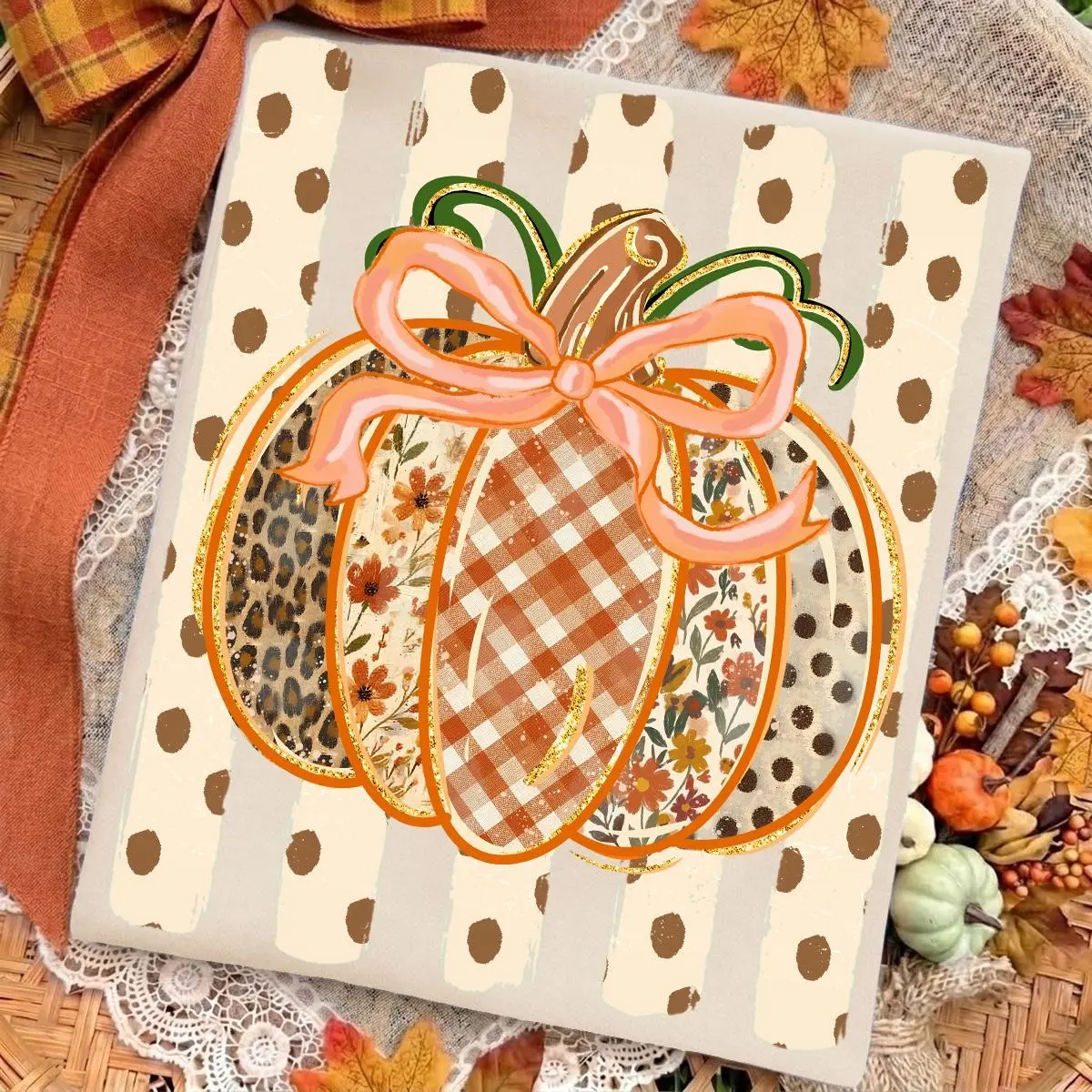 Comfort Colors Preppy Fall Pumpkin T-Shirt, Coquette Floral Autumn Striped Gingham Thanksgiving Tee - photo 3