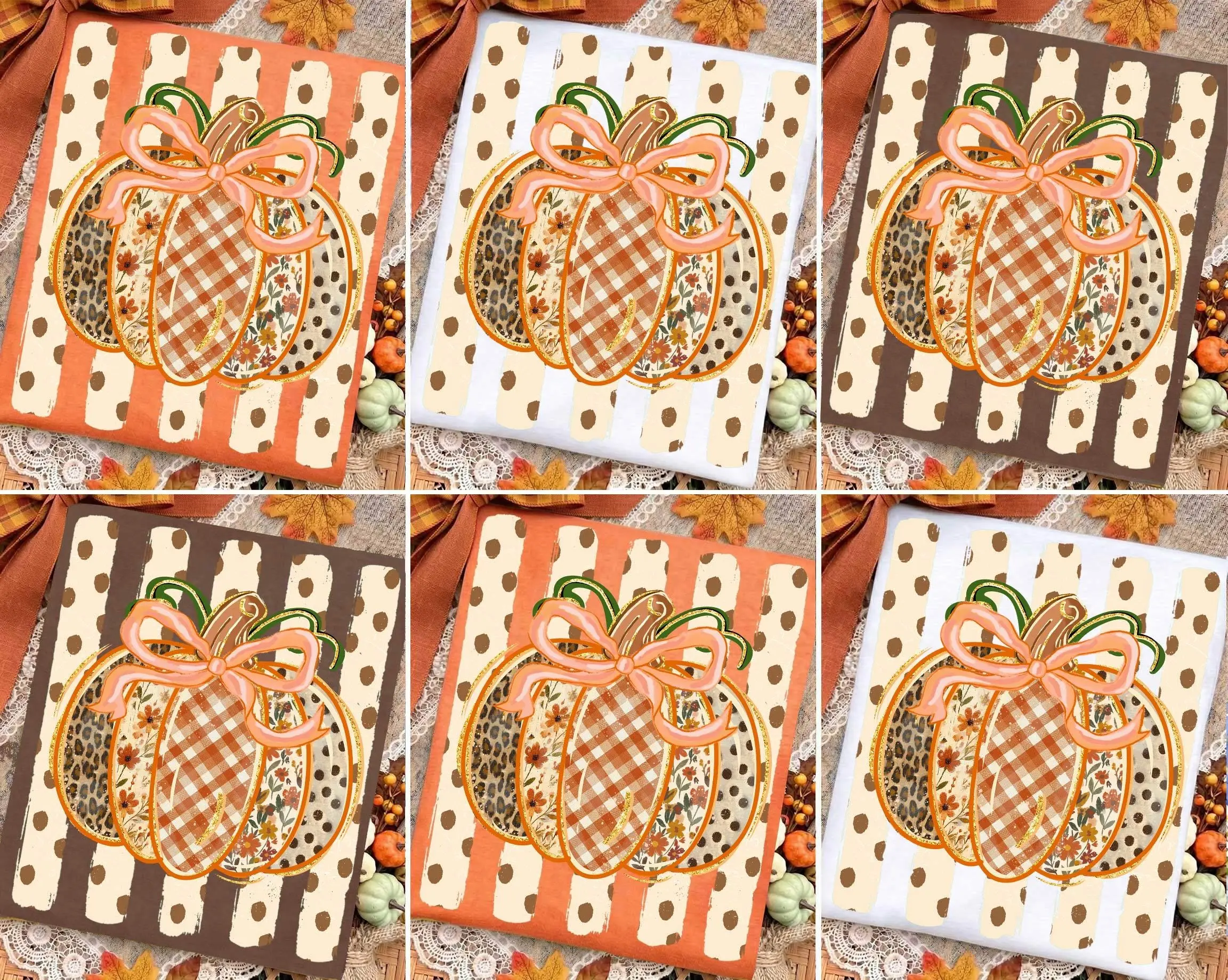 Comfort Colors Preppy Fall Pumpkin T-Shirt, Coquette Floral Autumn Striped Gingham Thanksgiving Tee - photo 4