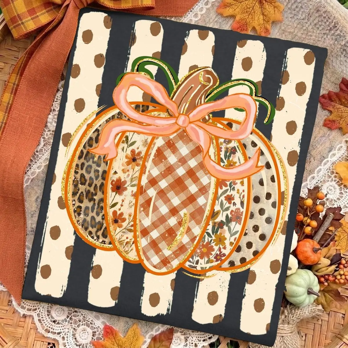 Comfort Colors Preppy Fall Pumpkin T-Shirt, Coquette Floral Autumn Striped Gingham Thanksgiving Tee - photo 5