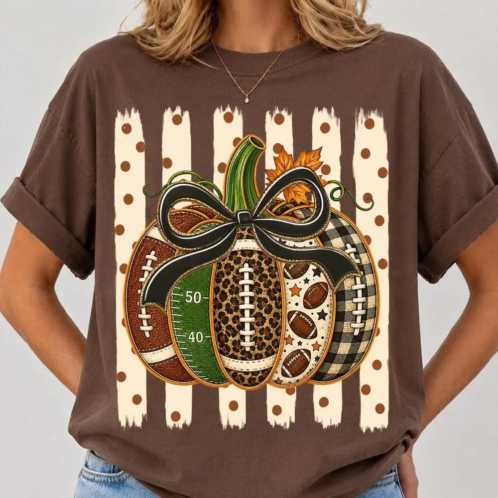 Preppy Fall Pumpkin Football Comfort Colors Shirt, Game Day Leopard Checkered Gingham Bow Graphic Tee