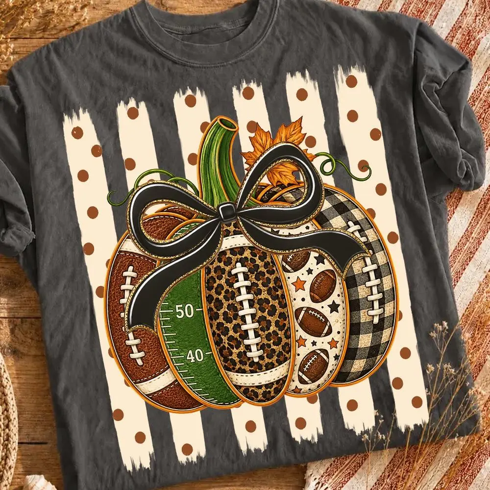 Preppy Fall Pumpkin Football T-Shirt, Game Day Mom Tee, Leopard Checkered Gingham Bow Graphic Top - photo 2