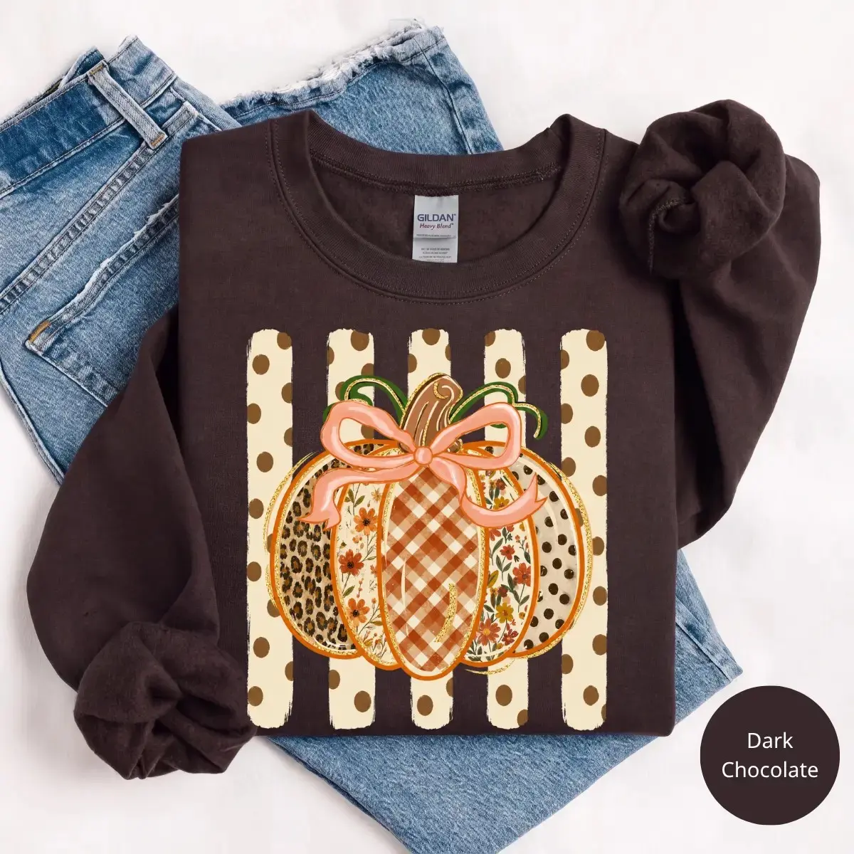 Preppy Fall Pumpkin Gildan Sweatshirt, Coquette Floral Autumn Gingham Leopard Pattern Thanksgiving Spice Top - photo 1