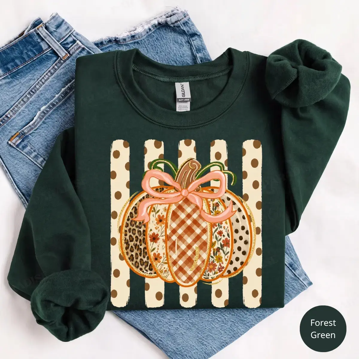 Preppy Fall Pumpkin Gildan Sweatshirt, Coquette Floral Autumn Gingham Leopard Pattern Thanksgiving Spice Top - photo 2