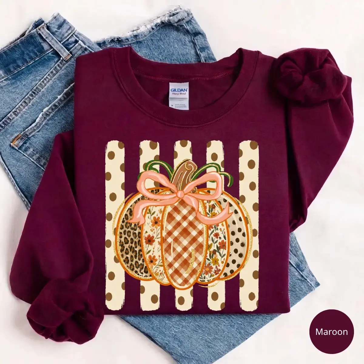 Preppy Fall Pumpkin Gildan Sweatshirt, Coquette Floral Autumn Gingham Leopard Pattern Thanksgiving Spice Top - photo 3