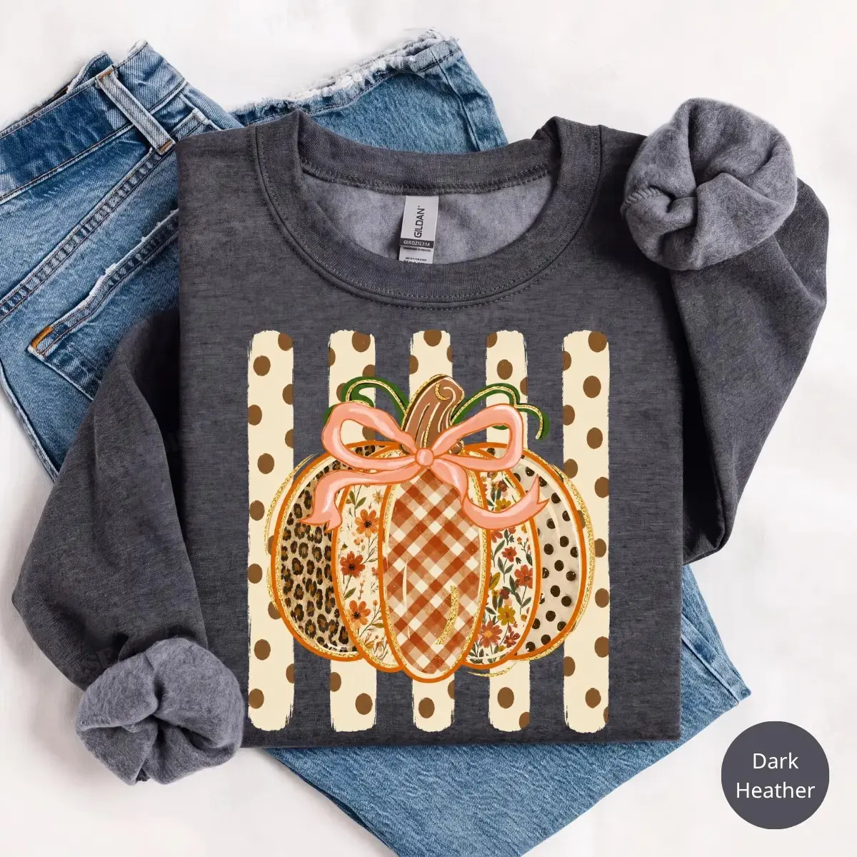 Preppy Fall Pumpkin Gildan Sweatshirt, Coquette Floral Autumn Gingham Leopard Pattern Thanksgiving Spice Top - photo 4