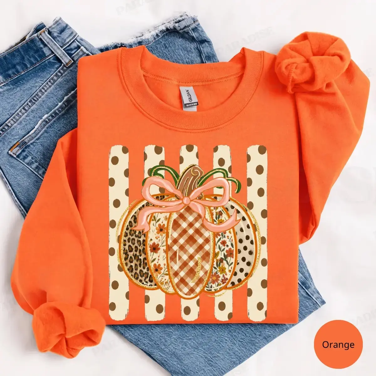 Preppy Fall Pumpkin Gildan Sweatshirt, Coquette Floral Autumn Gingham Leopard Pattern Thanksgiving Spice Top - photo 5
