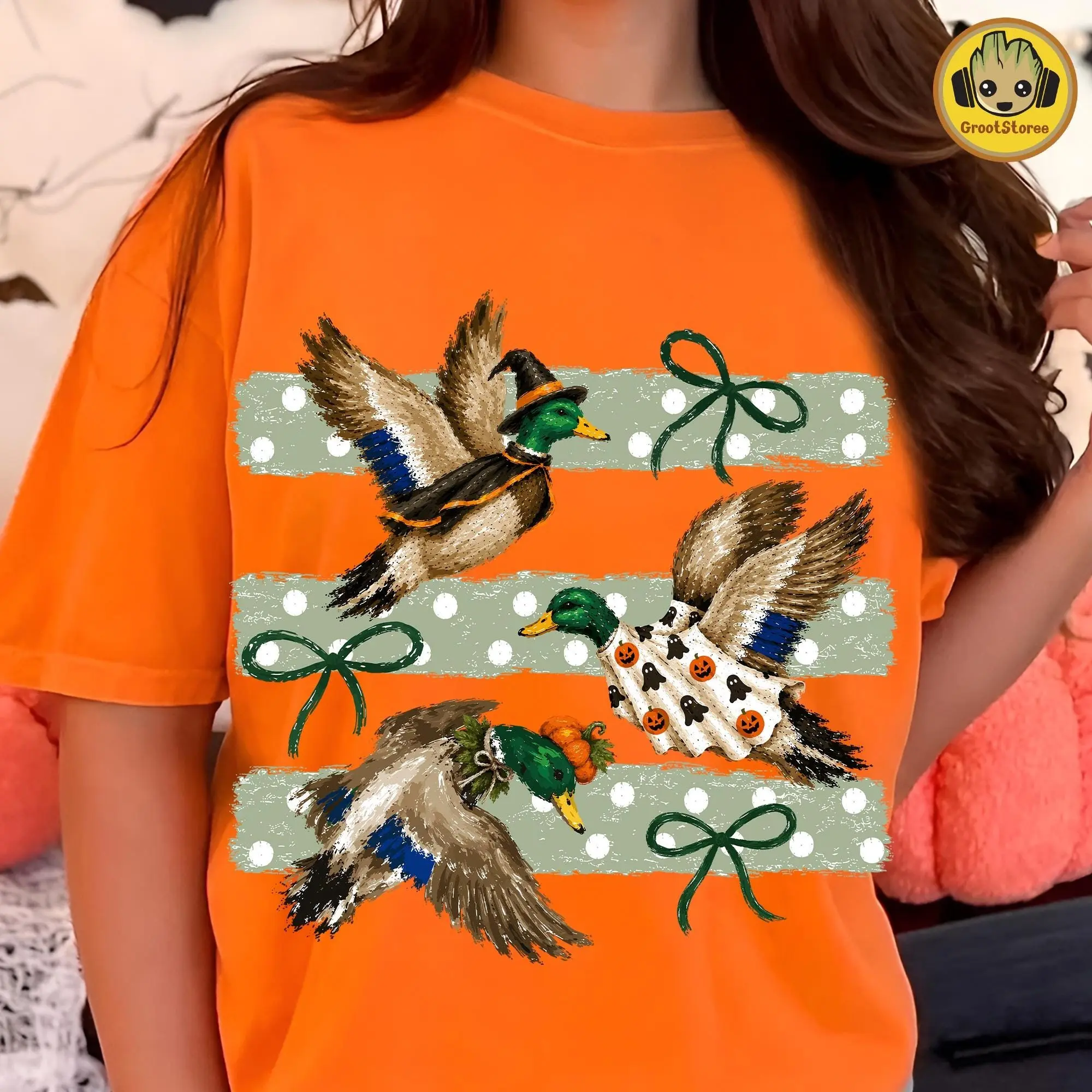 Comfort Colors Preppy Halloween Mallard Duck T-Shirt, Cute Waterfowl Farmhouse Spooky Season Graphic Tee - photo 2