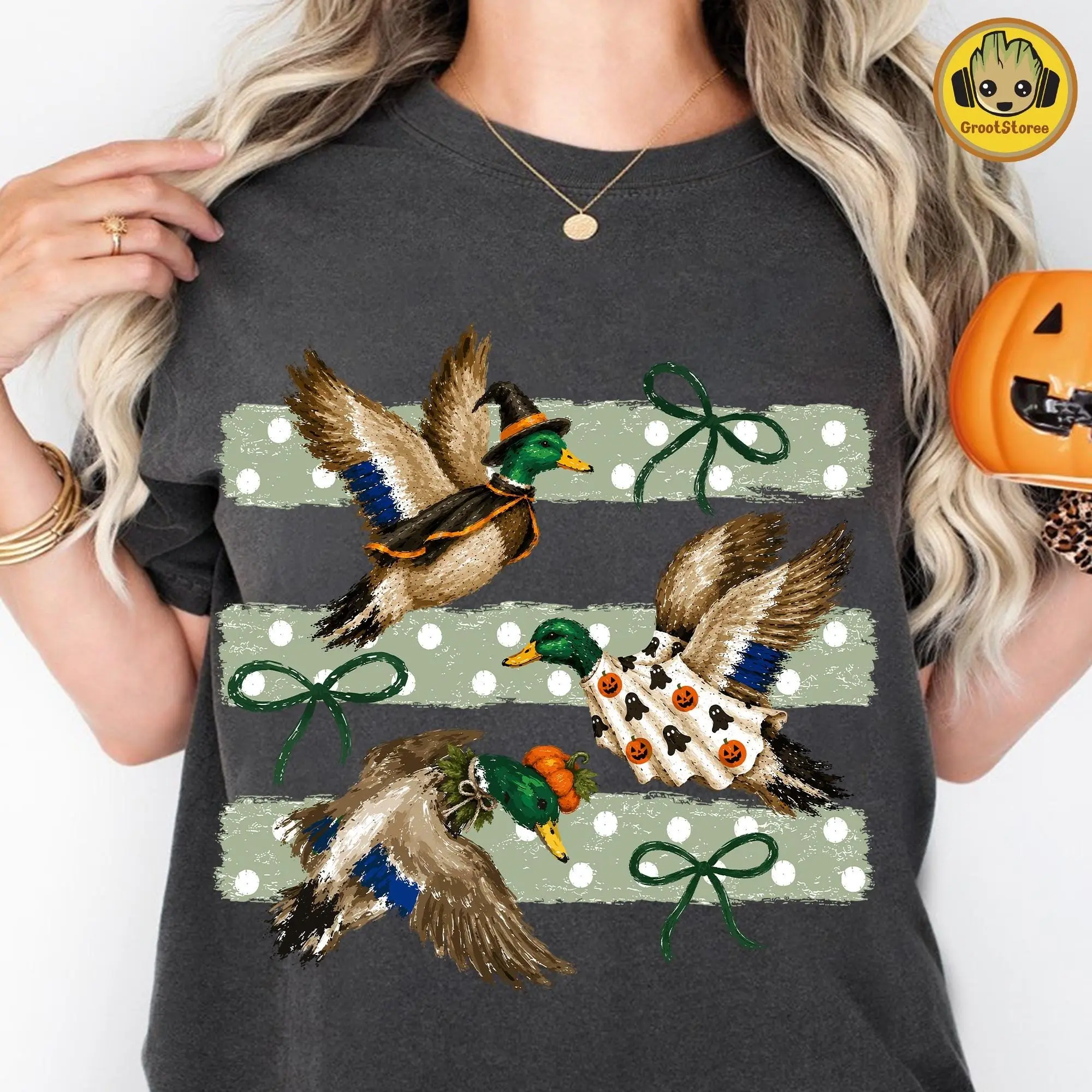 Comfort Colors Preppy Halloween Mallard Duck T-Shirt, Cute Waterfowl Farmhouse Spooky Season Graphic Tee - photo 4