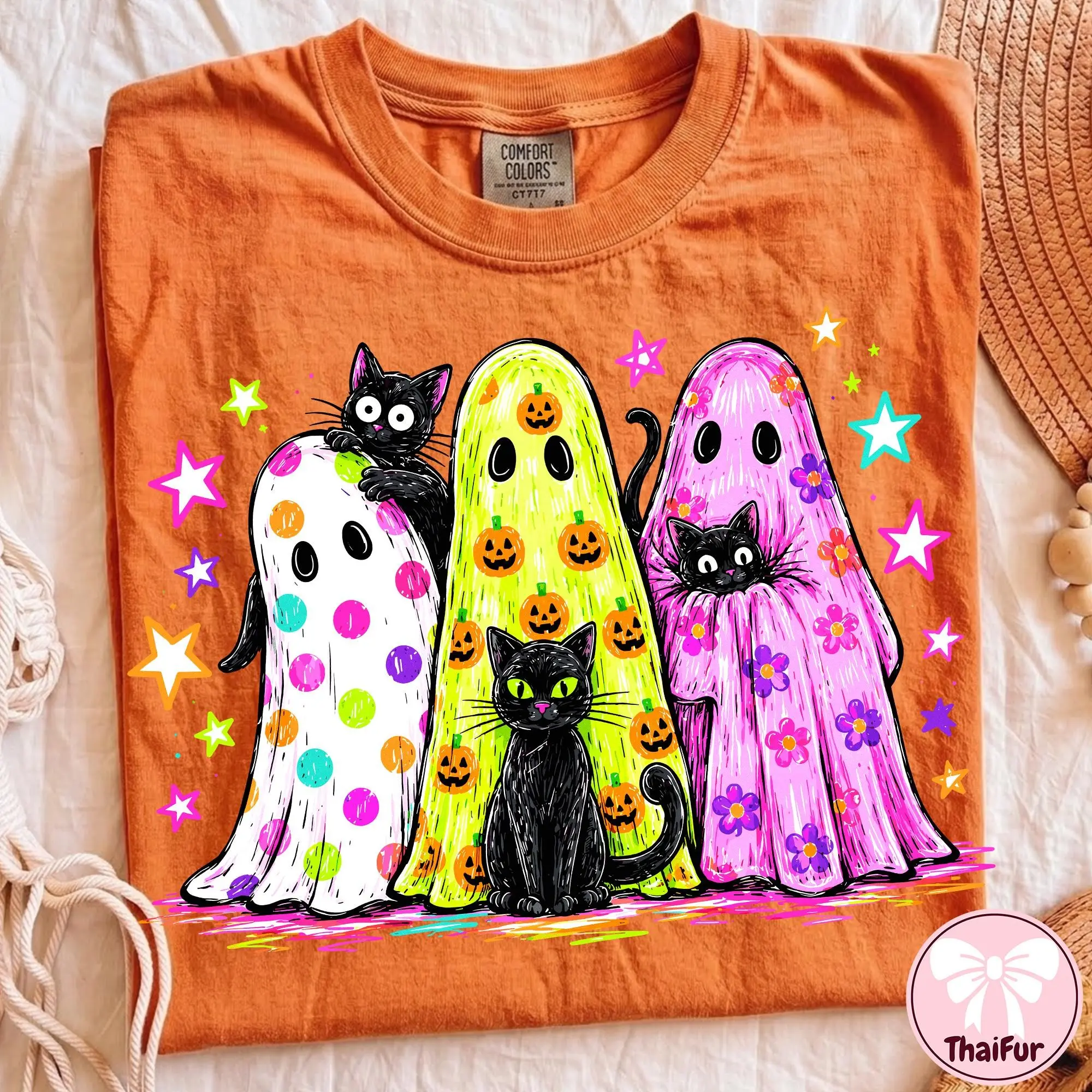 Preppy Halloween Ghost and Black Cat Shirt for Women, Colorful Leopard Glitter Tee, Cute Girly Retro Fall Graphic Top