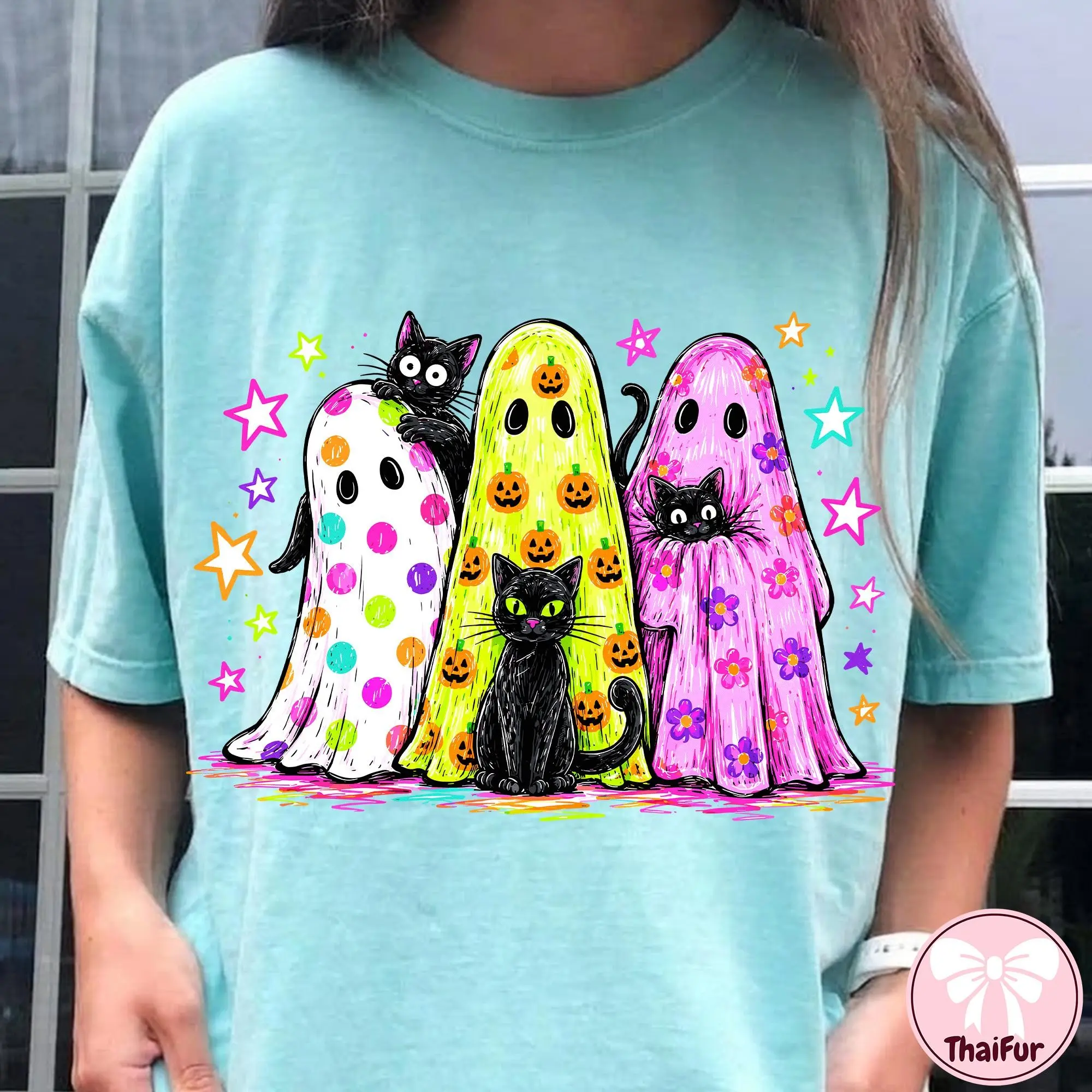 Preppy Halloween Ghost and Black Cat Shirt for Women, Colorful Leopard Glitter Tee, Cute Girly Retro Fall Graphic Top - photo 4