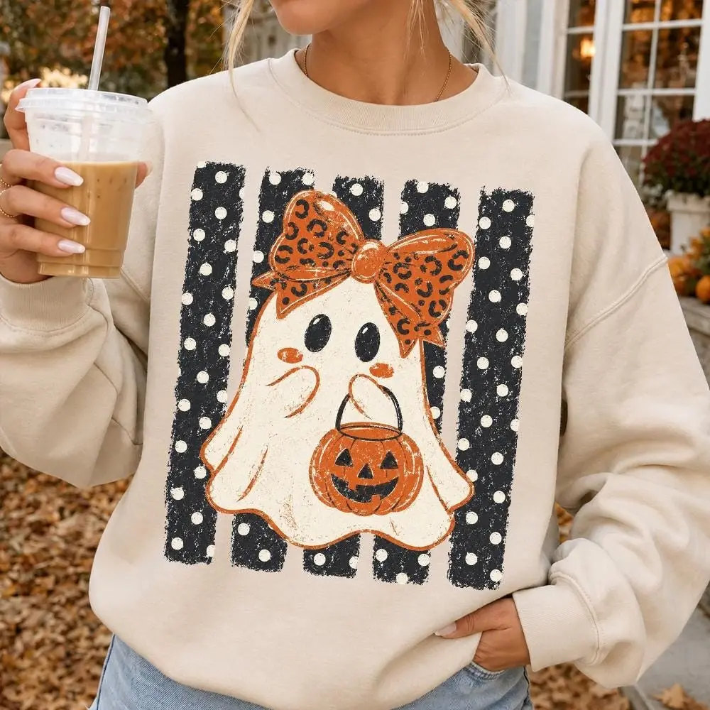 Comfort Colors Preppy Halloween Ghost Polka Dots Shirt, Cute Boo Pumpkin Spooky Season Tee - photo 4
