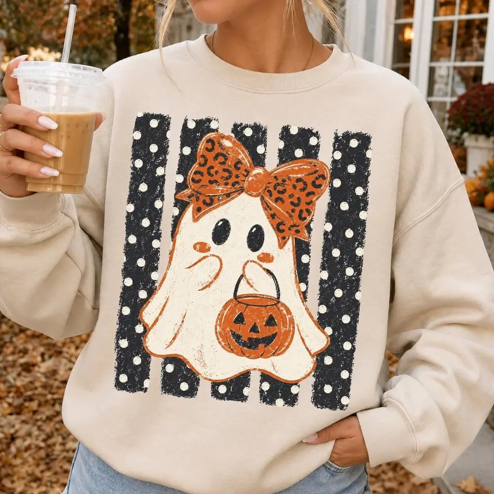Preppy Halloween Ghost Polka Dots Hoodie, Cute Girly Boo Pumpkin Pullover, Spooky Season Gift - photo 4