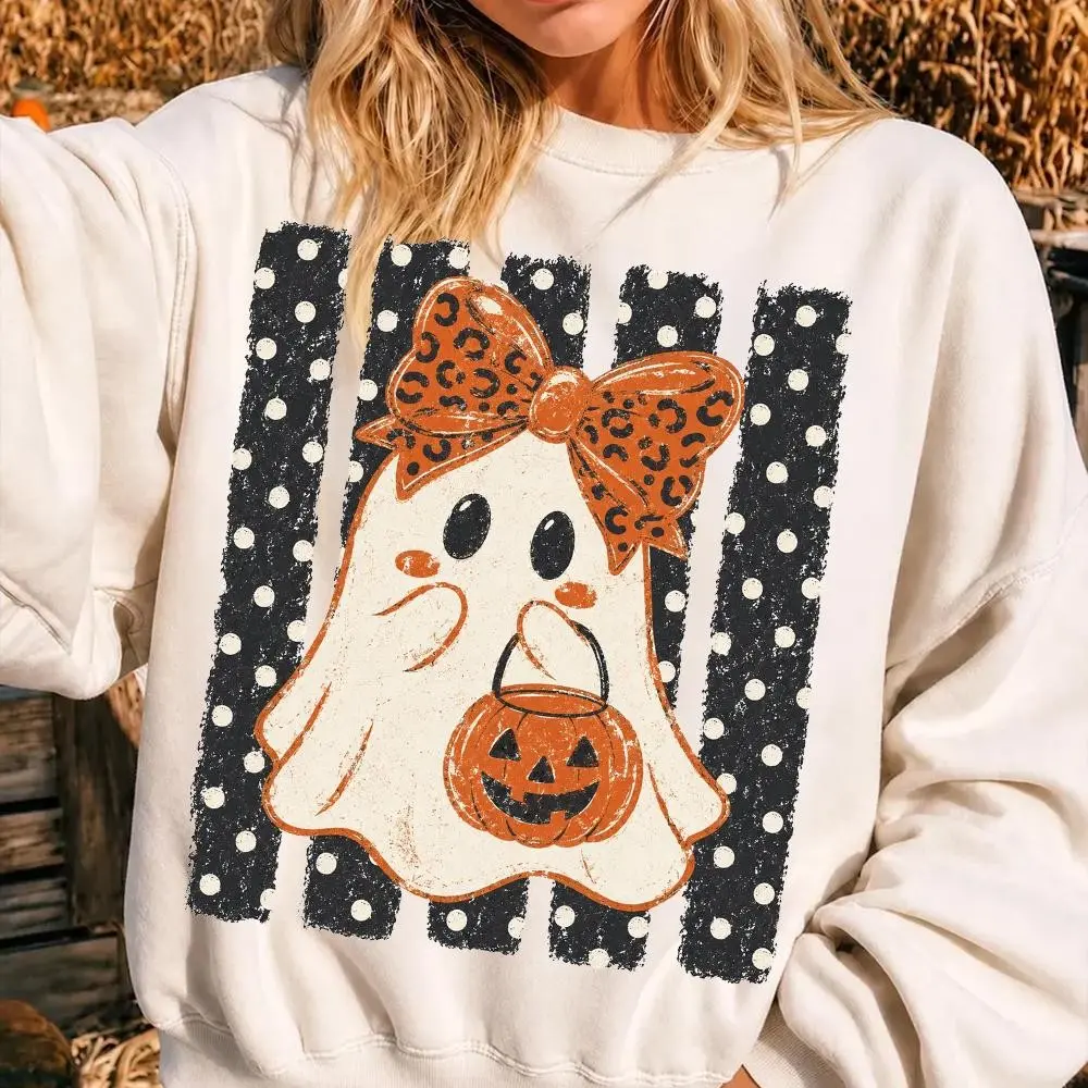 Preppy Halloween Ghost Polka Dots Shirt, Cute Girly Boo Pumpkin Graphic Tee, Spooky Season Gift