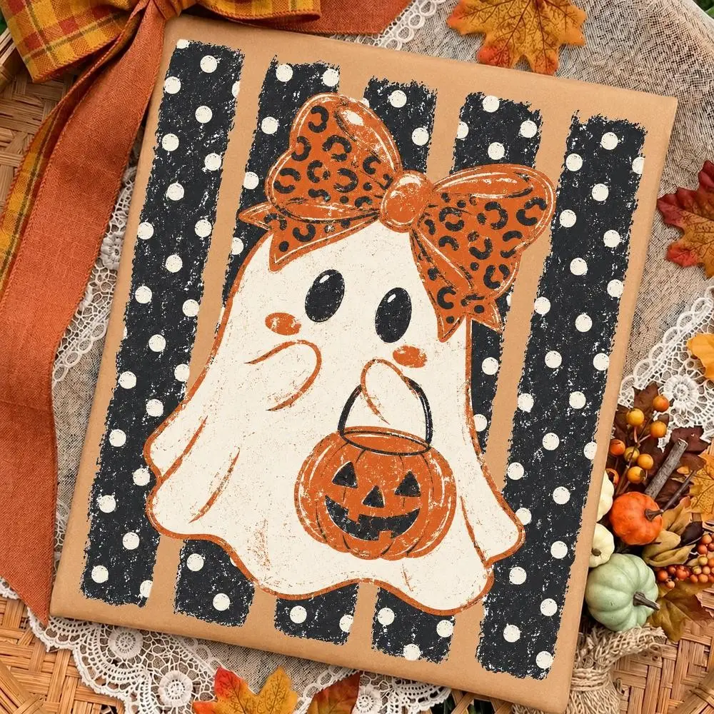 Preppy Halloween Ghost Polka Dots Shirt, Cute Girly Boo Pumpkin Graphic Tee, Spooky Season Gift - photo 2