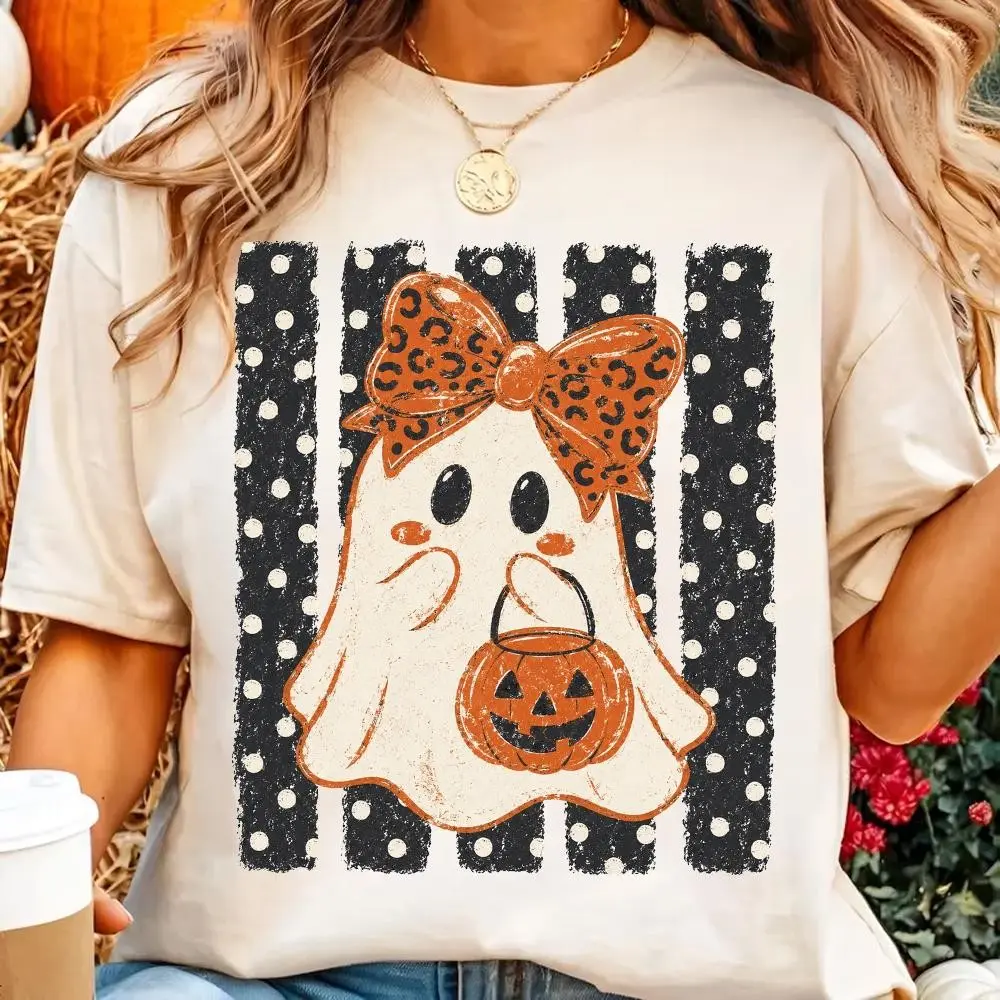 Preppy Halloween Ghost Polka Dots Shirt, Cute Girly Boo Pumpkin Graphic Tee, Spooky Season Gift - photo 3