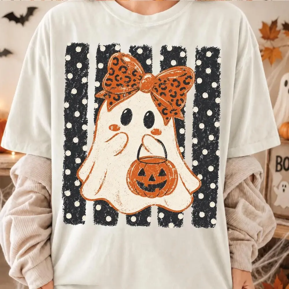 Preppy Halloween Ghost Polka Dots Shirt, Cute Girly Boo Pumpkin Graphic Tee, Spooky Season Gift - photo 5
