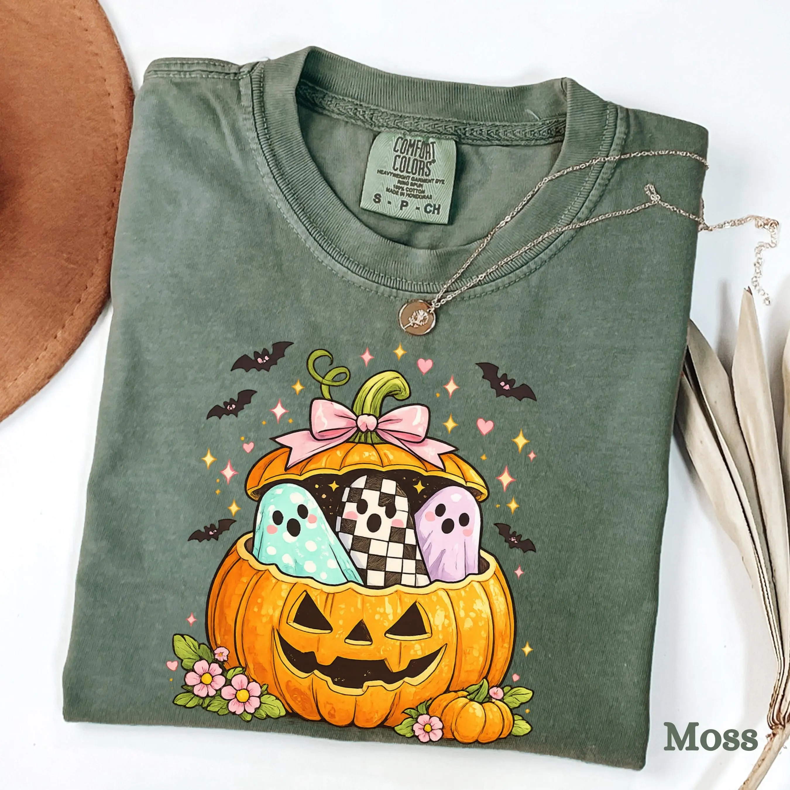 Preppy Pumpkin Ghost Shirt Comfort Colors, Coquette Halloween Sweatshirt, Pastel Spooky Tee, Cute Fall Gift