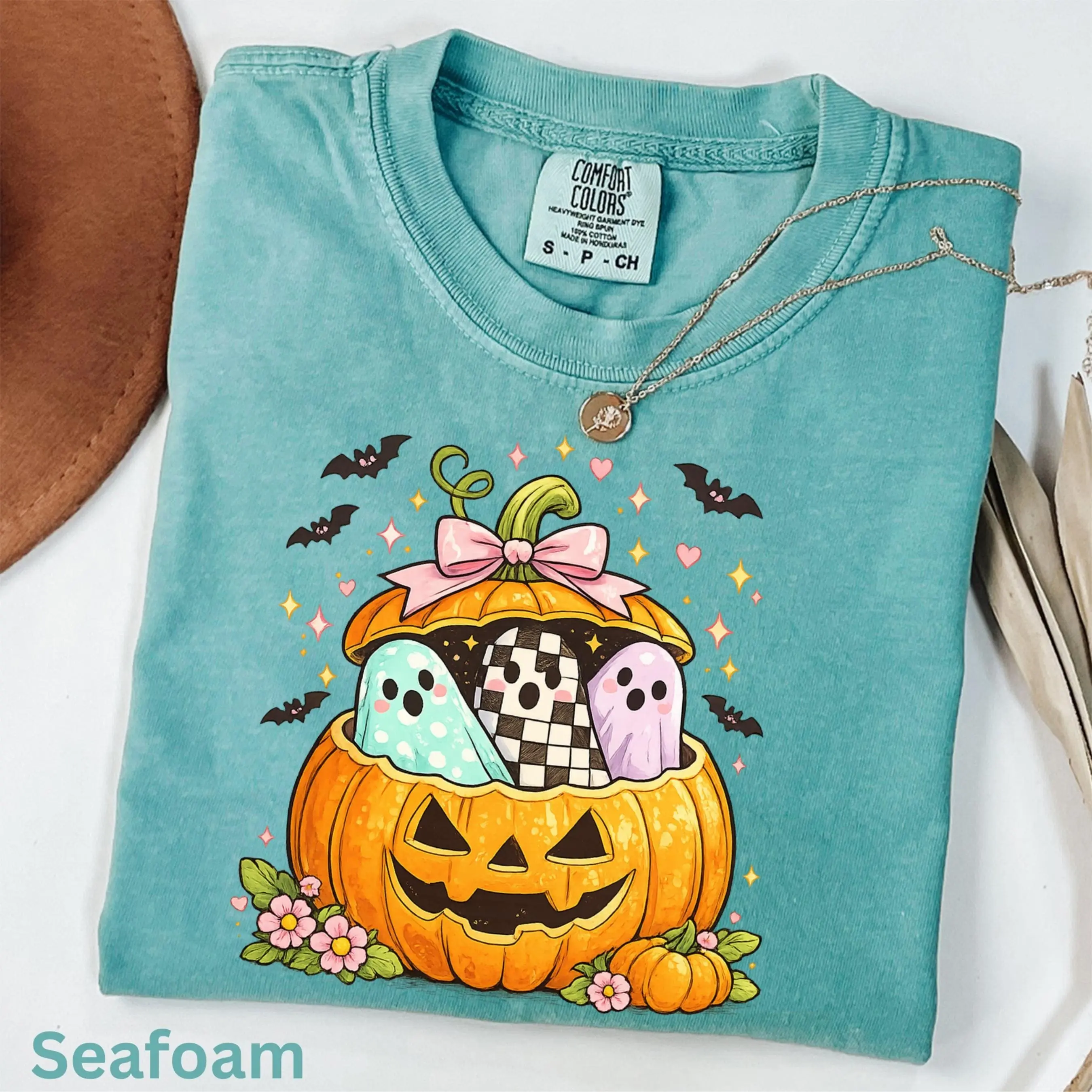 Preppy Pumpkin Ghost Shirt Comfort Colors, Coquette Halloween Sweatshirt, Pastel Spooky Tee, Cute Fall Gift - photo 3