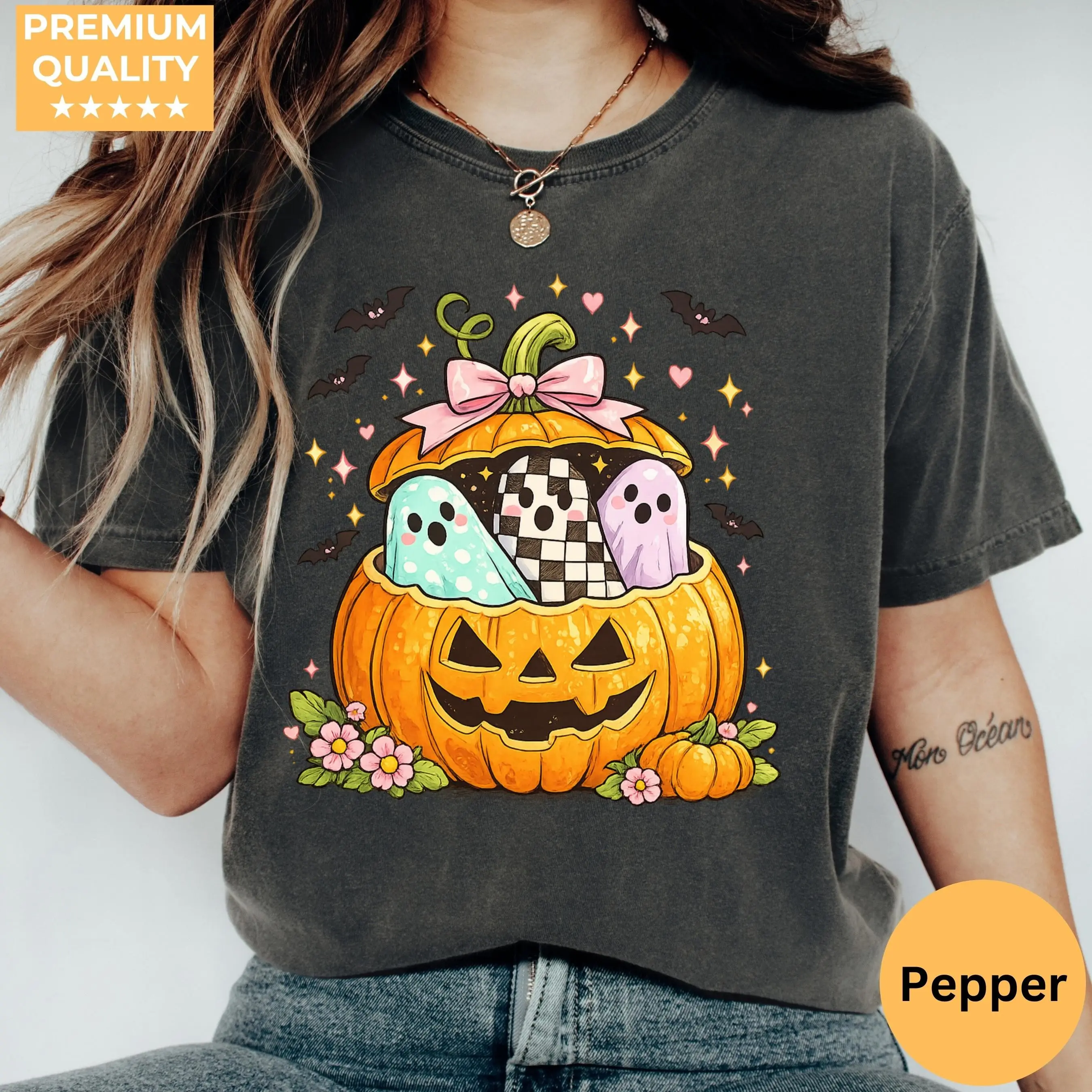 Preppy Pumpkin Ghost Shirt Comfort Colors, Coquette Halloween Sweatshirt, Pastel Spooky Tee, Cute Fall Gift - photo 5