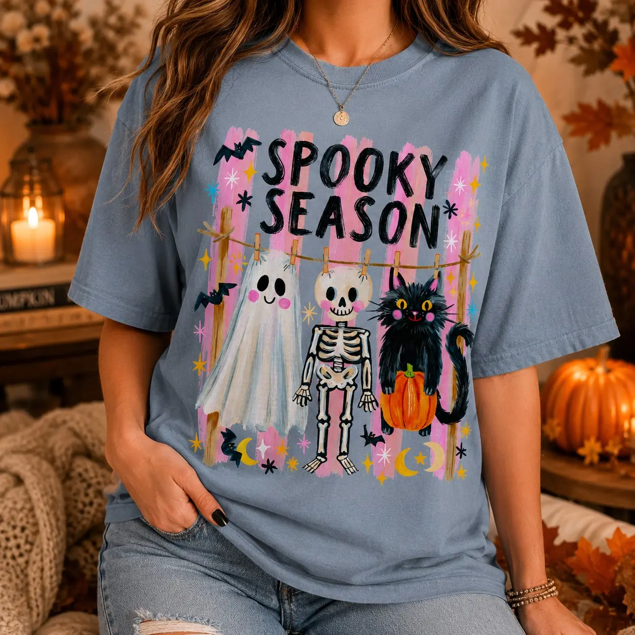 Comfort Colors Preppy Coquette Skeleton Shirt, Girly Trendy Fall Spooky Season Halloween Graphic Tee - photo 4