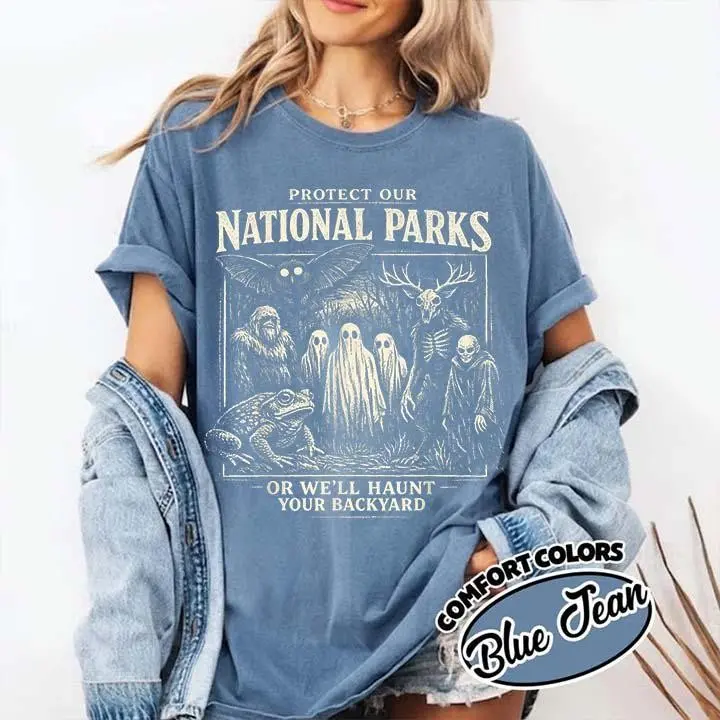 Protect Our National Parks or We'll Haunt Your Backyard Shirt, Funny Ghost Camping Hiking Tee for Women - photo 2
