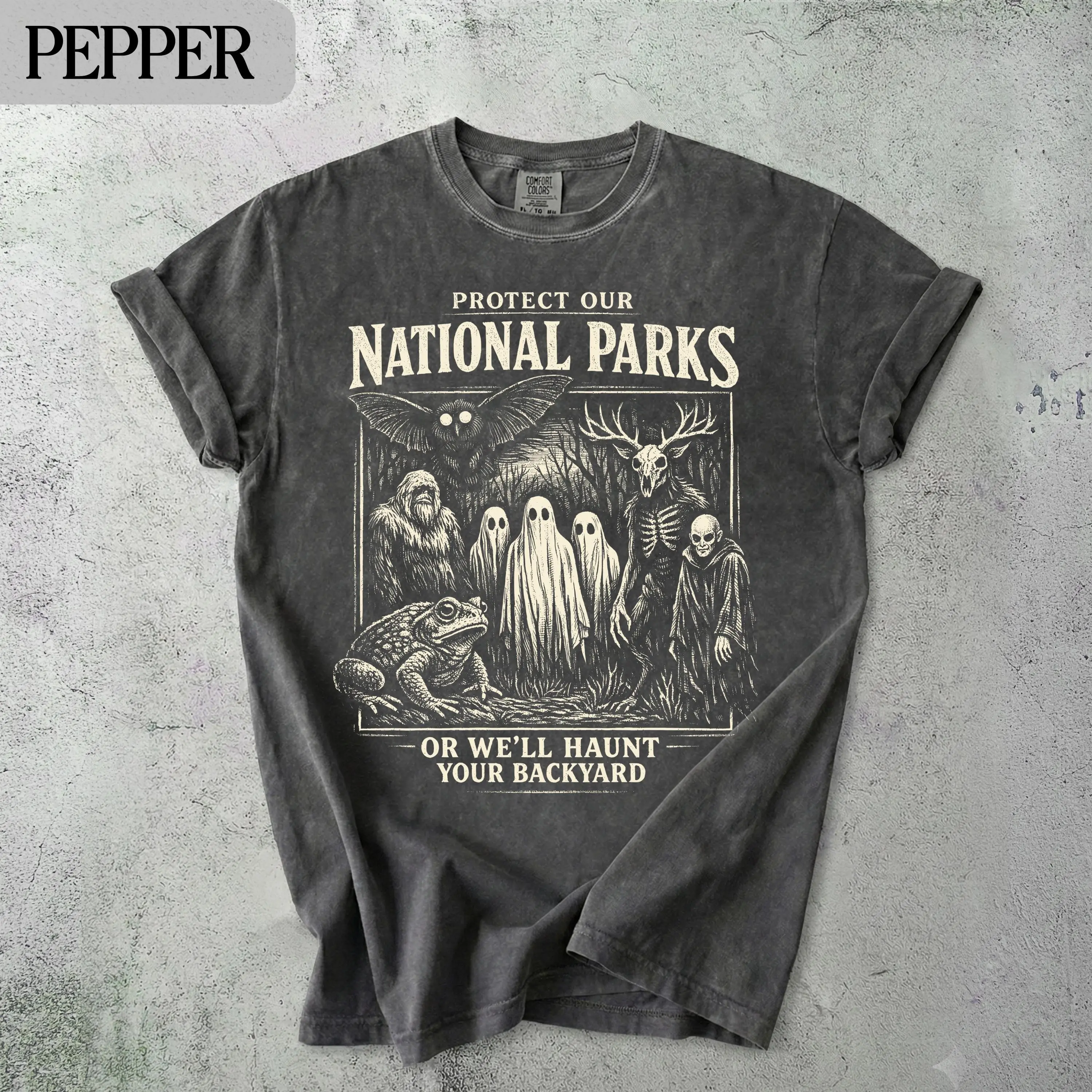 Protect Our National Parks Shirt, Cryptid Bigfoot Mothman Ghost Wendigo Skull Comfort Colors Womens Retro Tee - photo 2