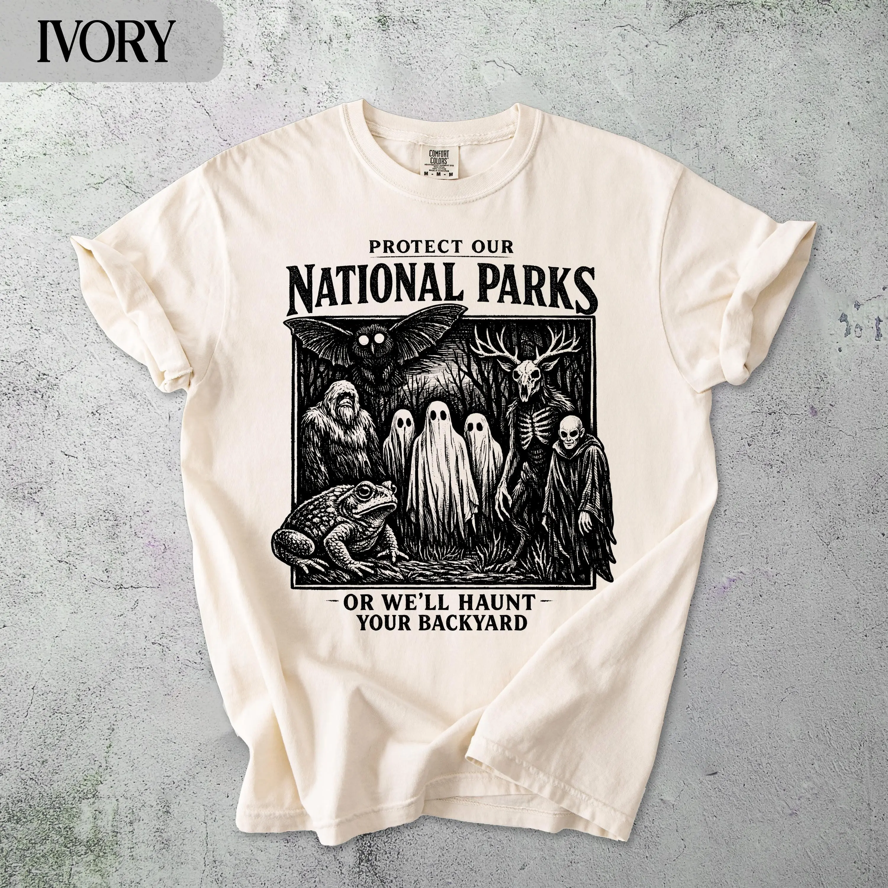 Protect Our National Parks Shirt, Cryptid Bigfoot Mothman Ghost Wendigo Skull Comfort Colors Womens Retro Tee - photo 3