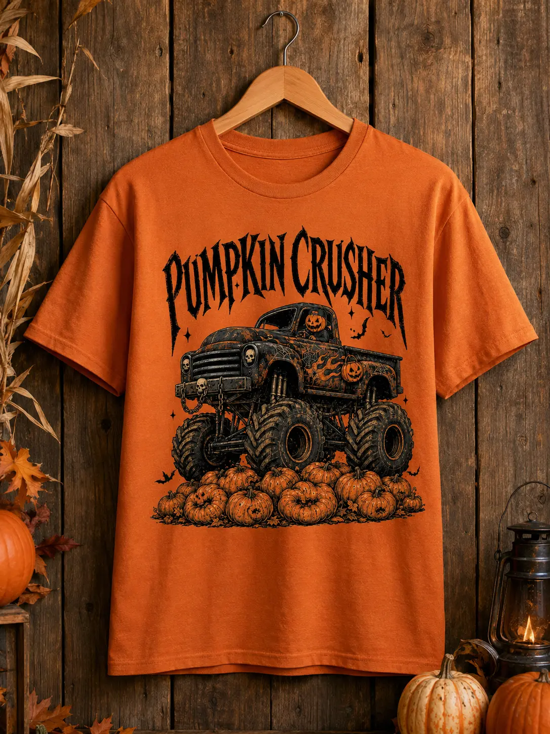 Pumpkin Crusher Monster Truck Shirt, Boys Halloween Graphic Tee, Vintage Spooky Patch Fall Top for Kids