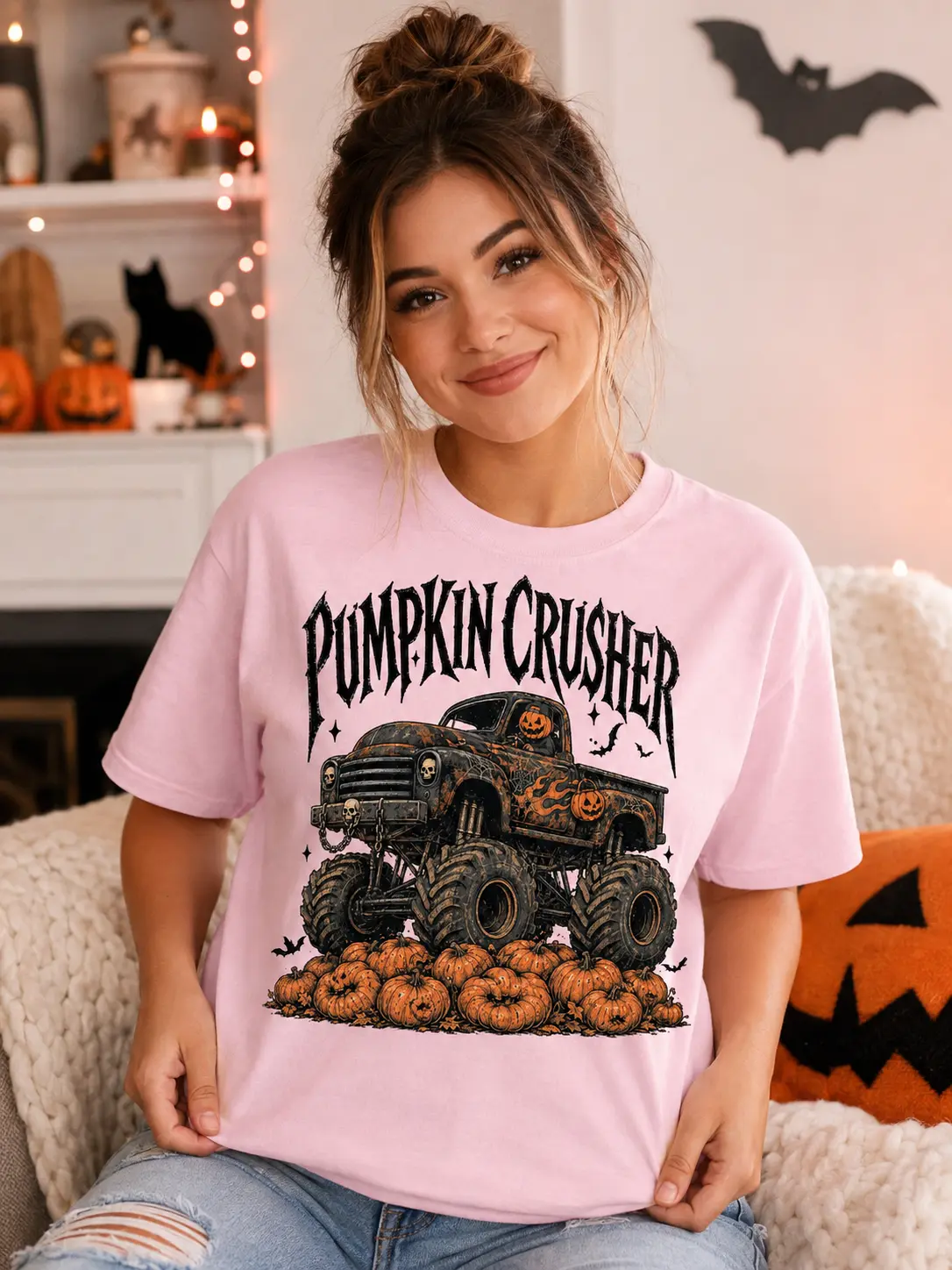 Pumpkin Crusher Monster Truck Shirt, Boys Halloween Graphic Tee, Vintage Spooky Patch Fall Top for Kids - photo 2
