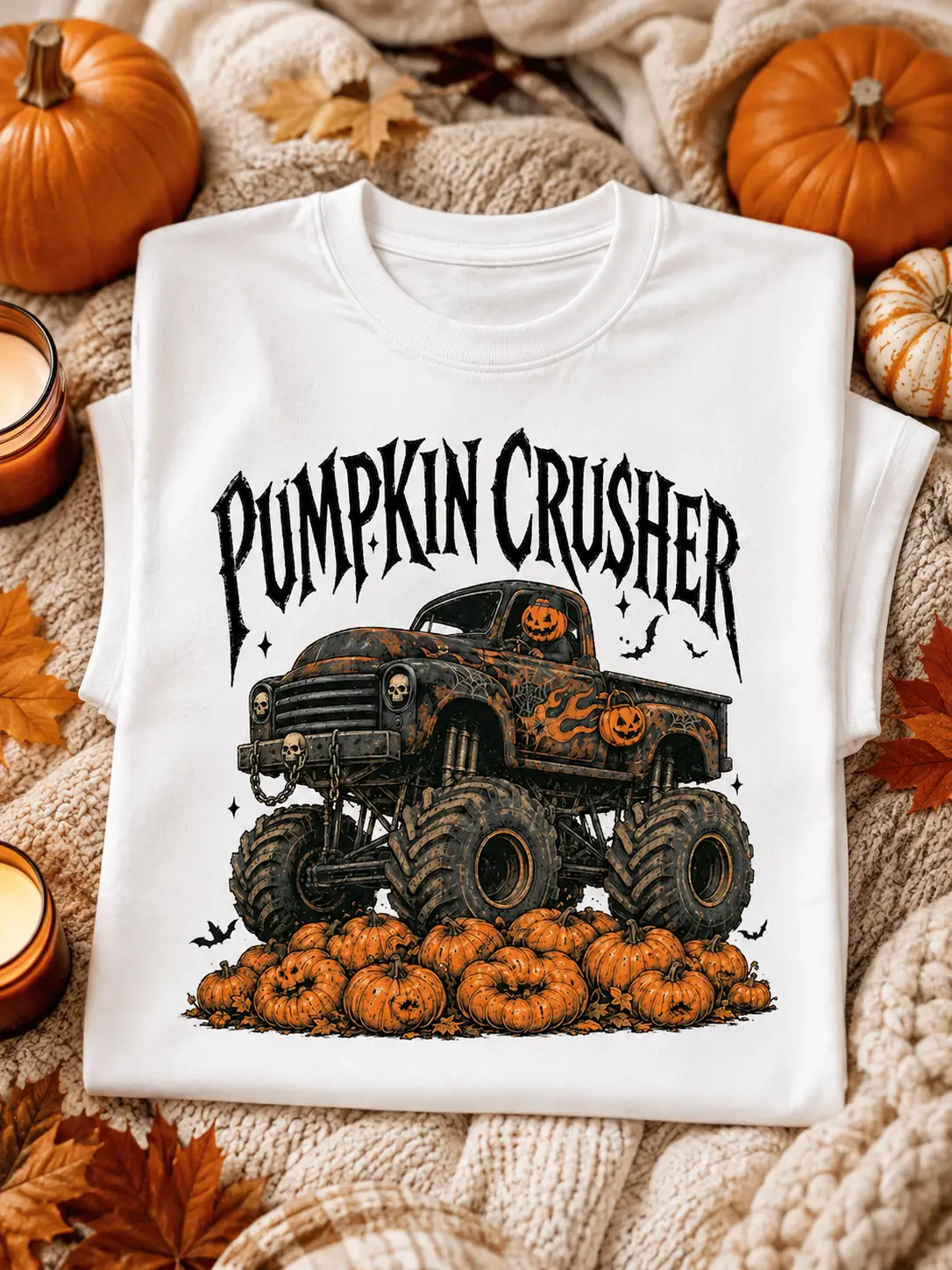 Pumpkin Crusher Monster Truck Shirt, Boys Halloween Graphic Tee, Vintage Spooky Patch Fall Top for Kids - photo 3