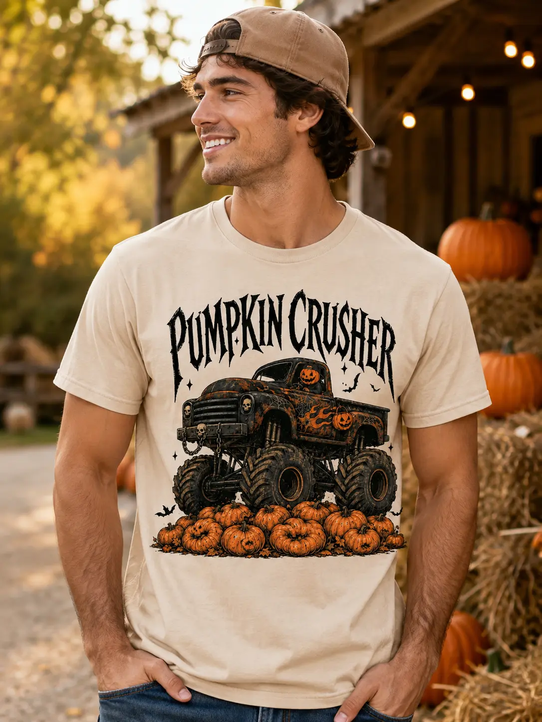 Pumpkin Crusher Monster Truck Shirt, Boys Halloween Graphic Tee, Vintage Spooky Patch Fall Top for Kids - photo 4